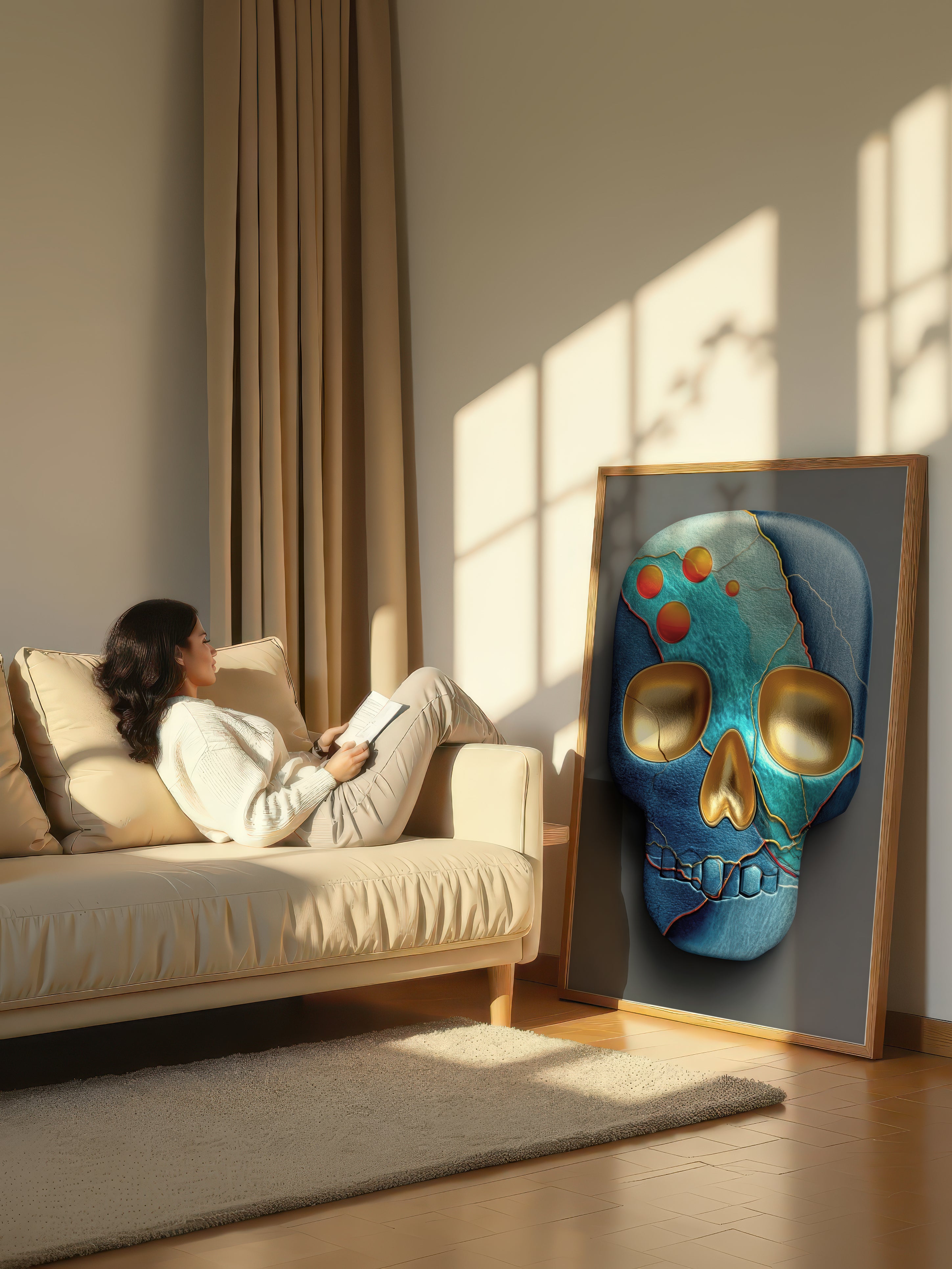 Teal Skull – Surreal Kintsugi Skull Wall Art 407