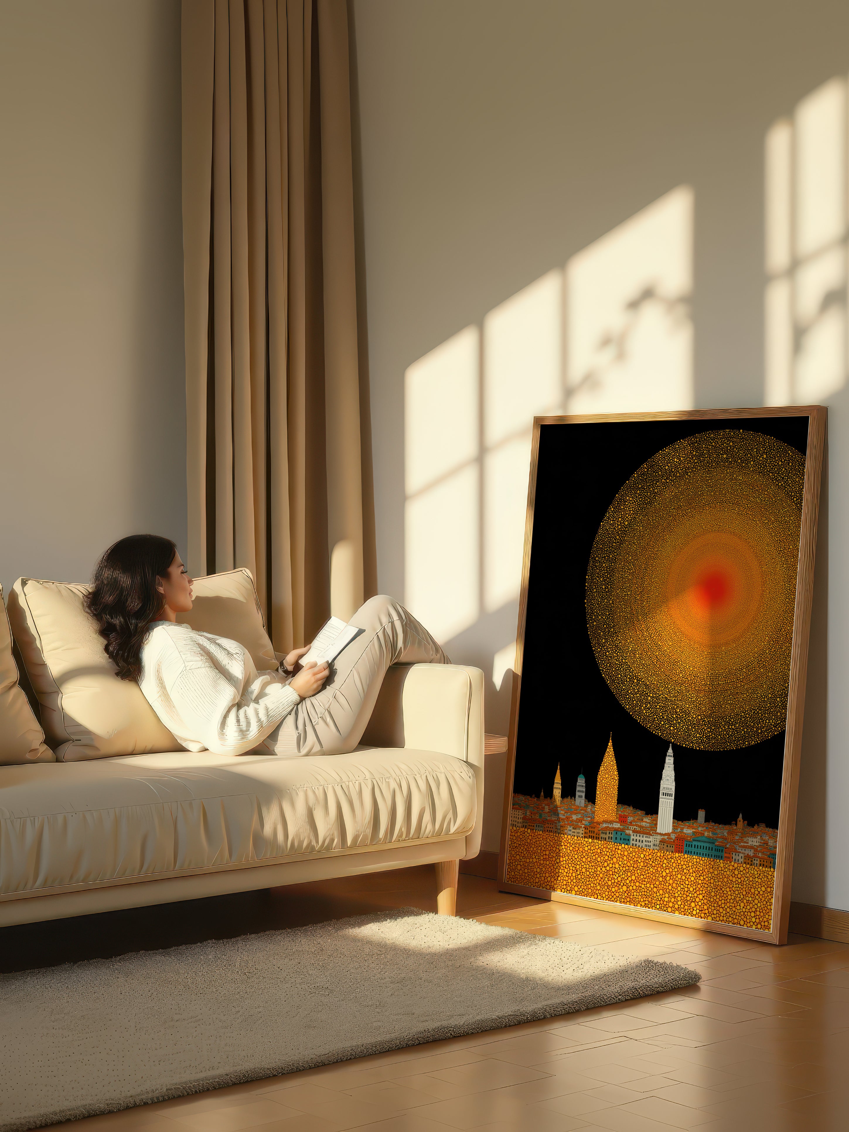 Gold Sun City – Surreal Pointillist Solar Cityscape Wall Art 434
