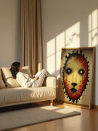 Crimson Presence – Surreal Folk Stipple Mask Wall Art 588