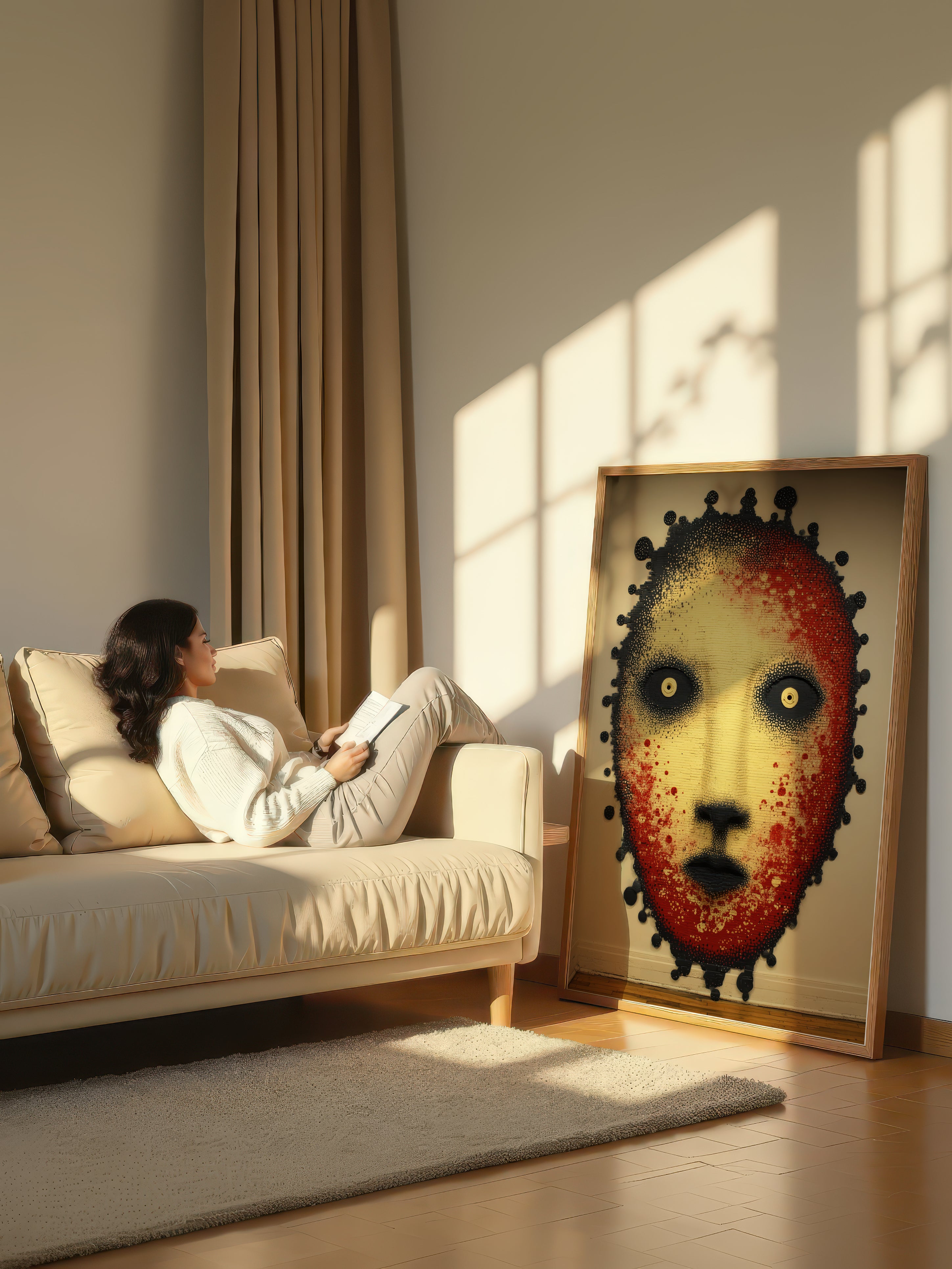 Crimson Presence – Surreal Folk Stipple Mask Wall Art 588