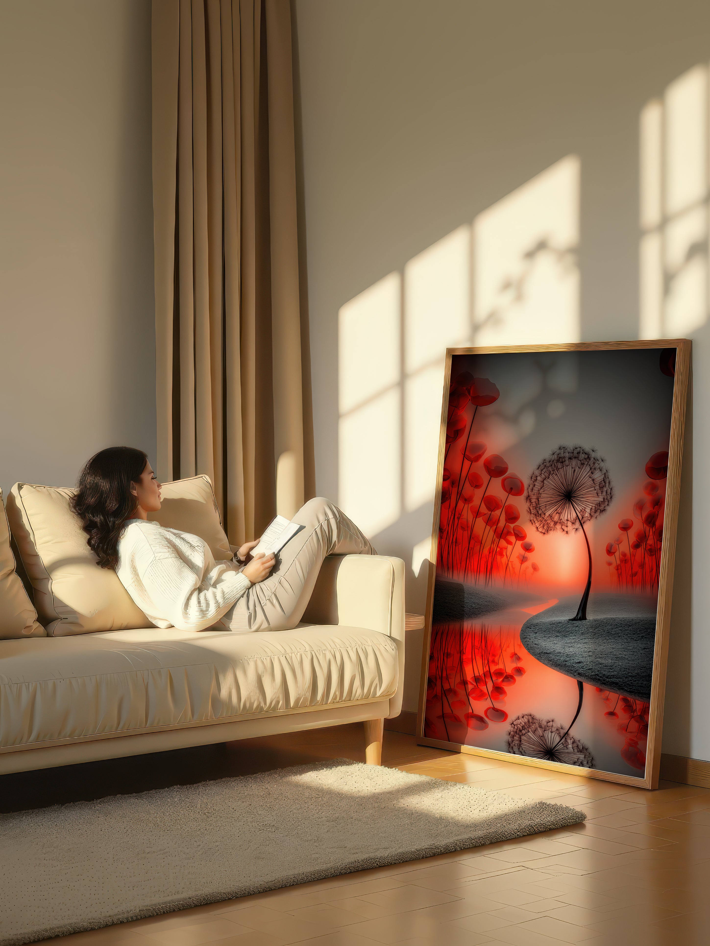 Crimson River Dandelion – Surreal Nature Wall Art 485