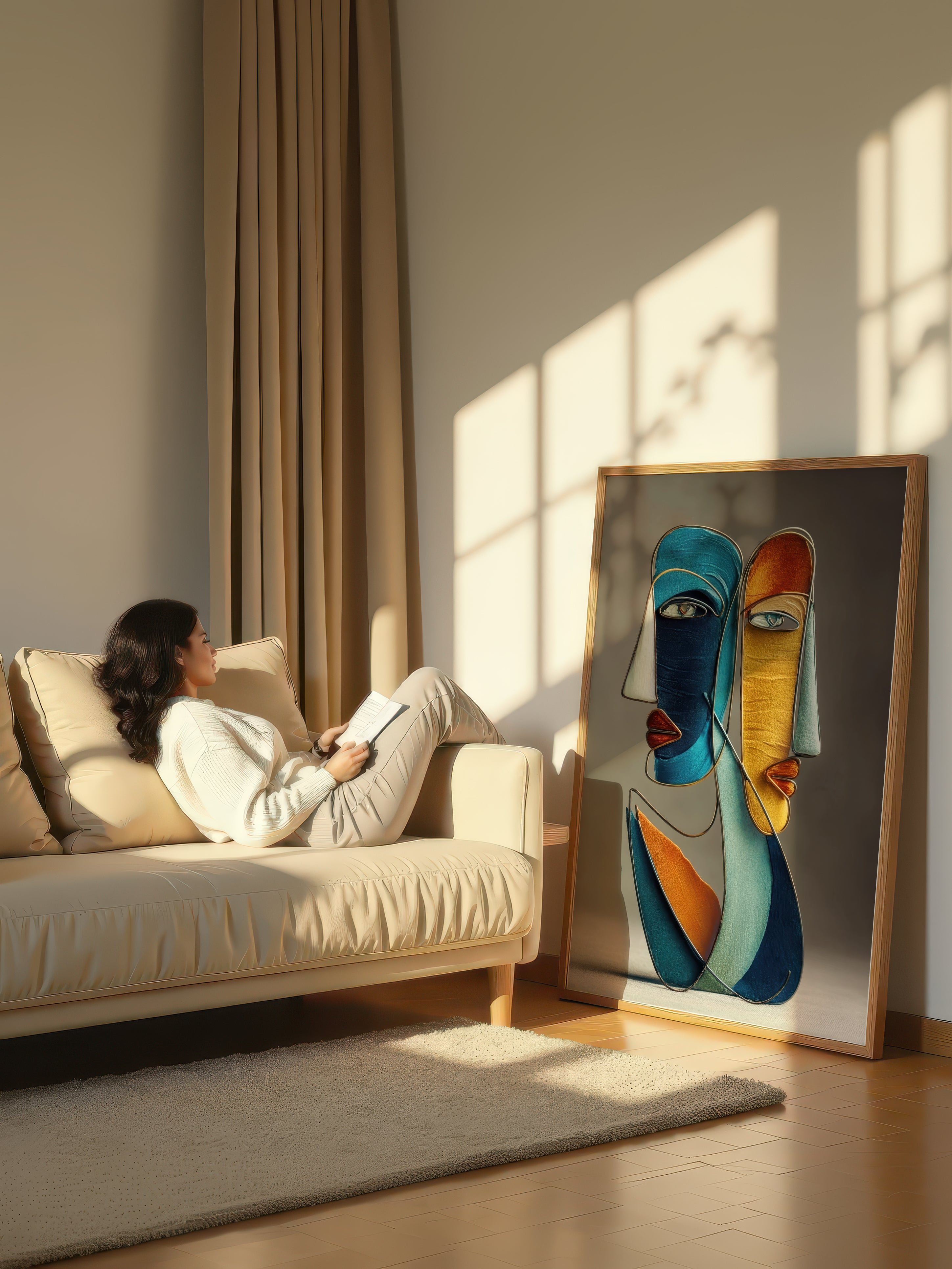 Blue and Gold Faces – Surreal Wire Sculpture Portrait Wall Art 412