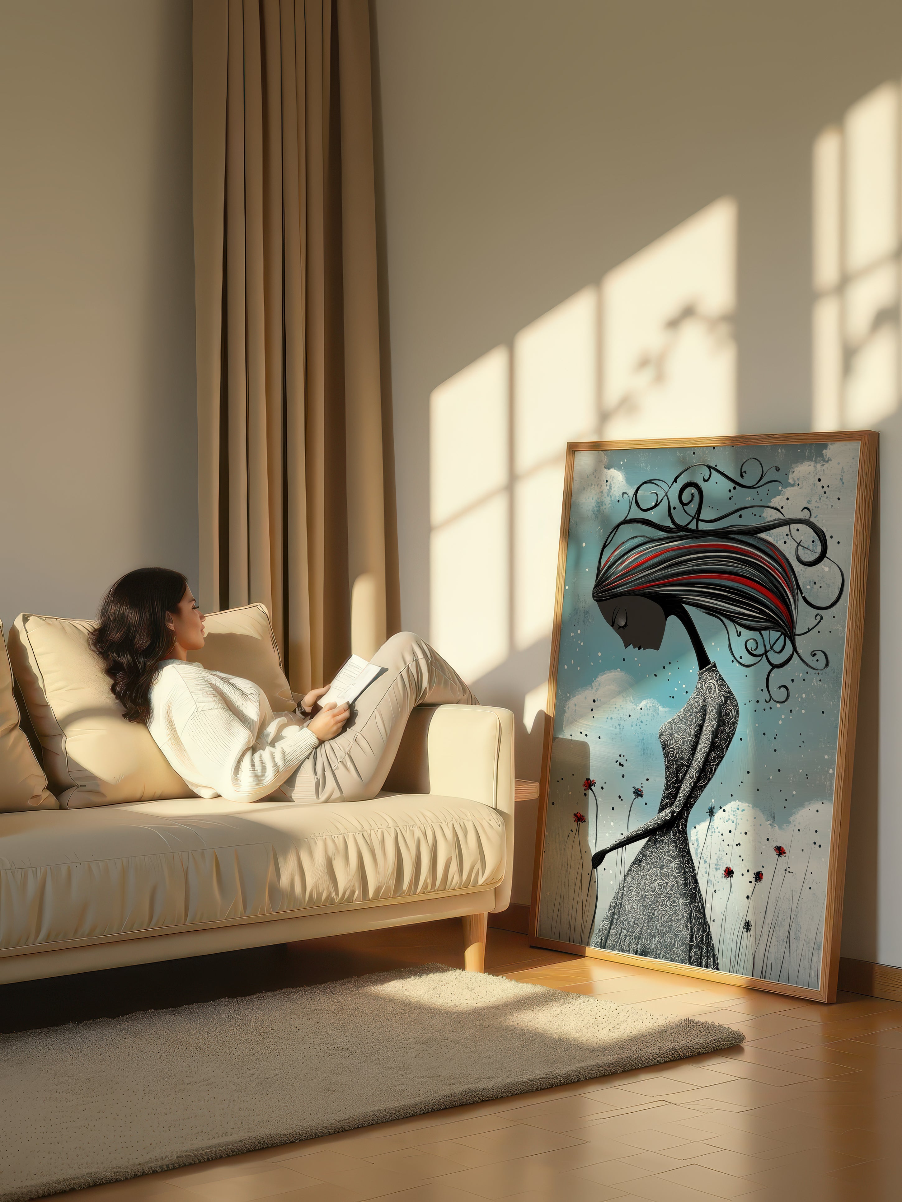 Crimson Breeze – Surreal Folk Floral Figure Wall Art 597