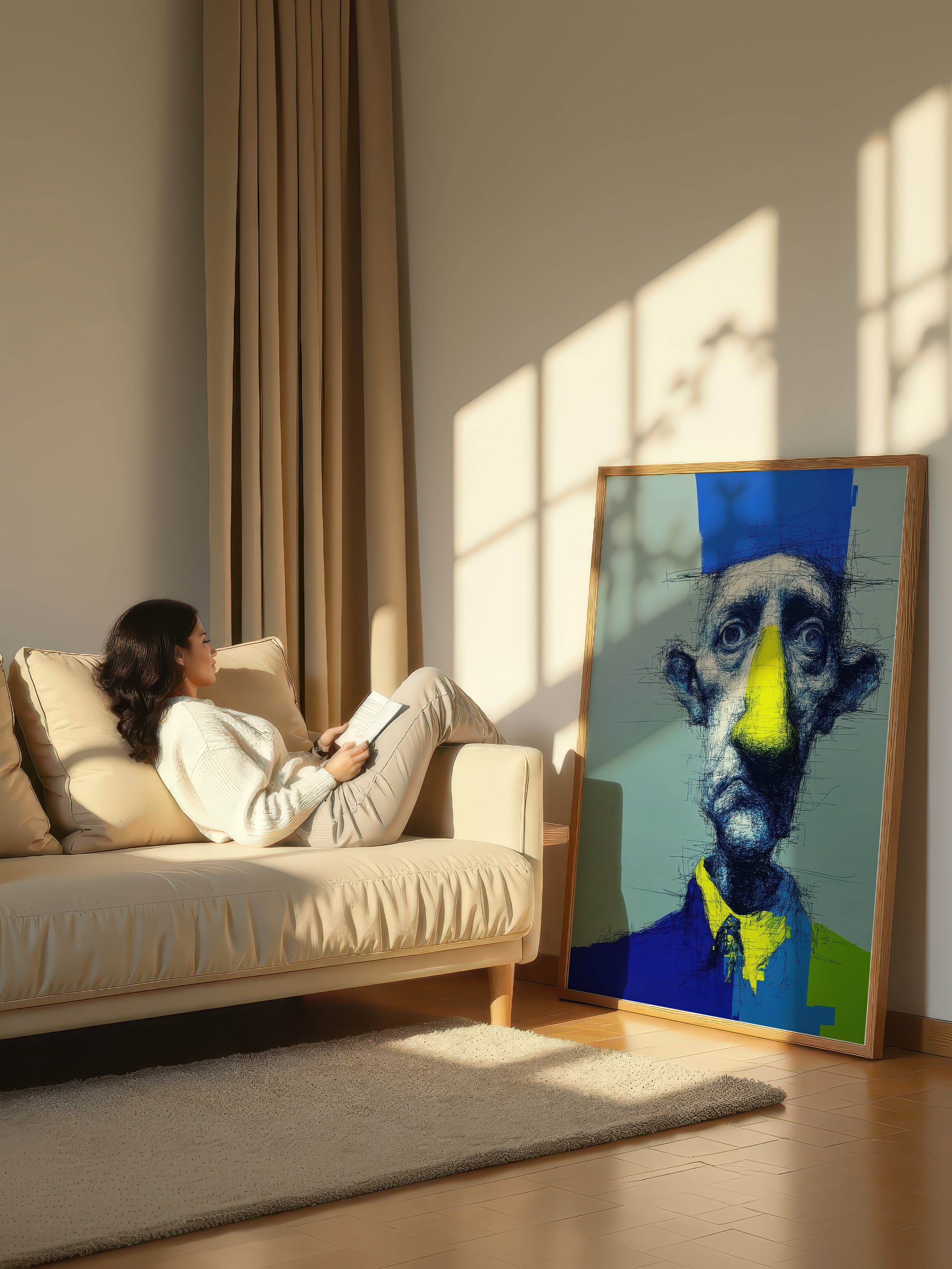 Blue Hat Man – Surreal Expressive Cross-Hatch Wall Art 425