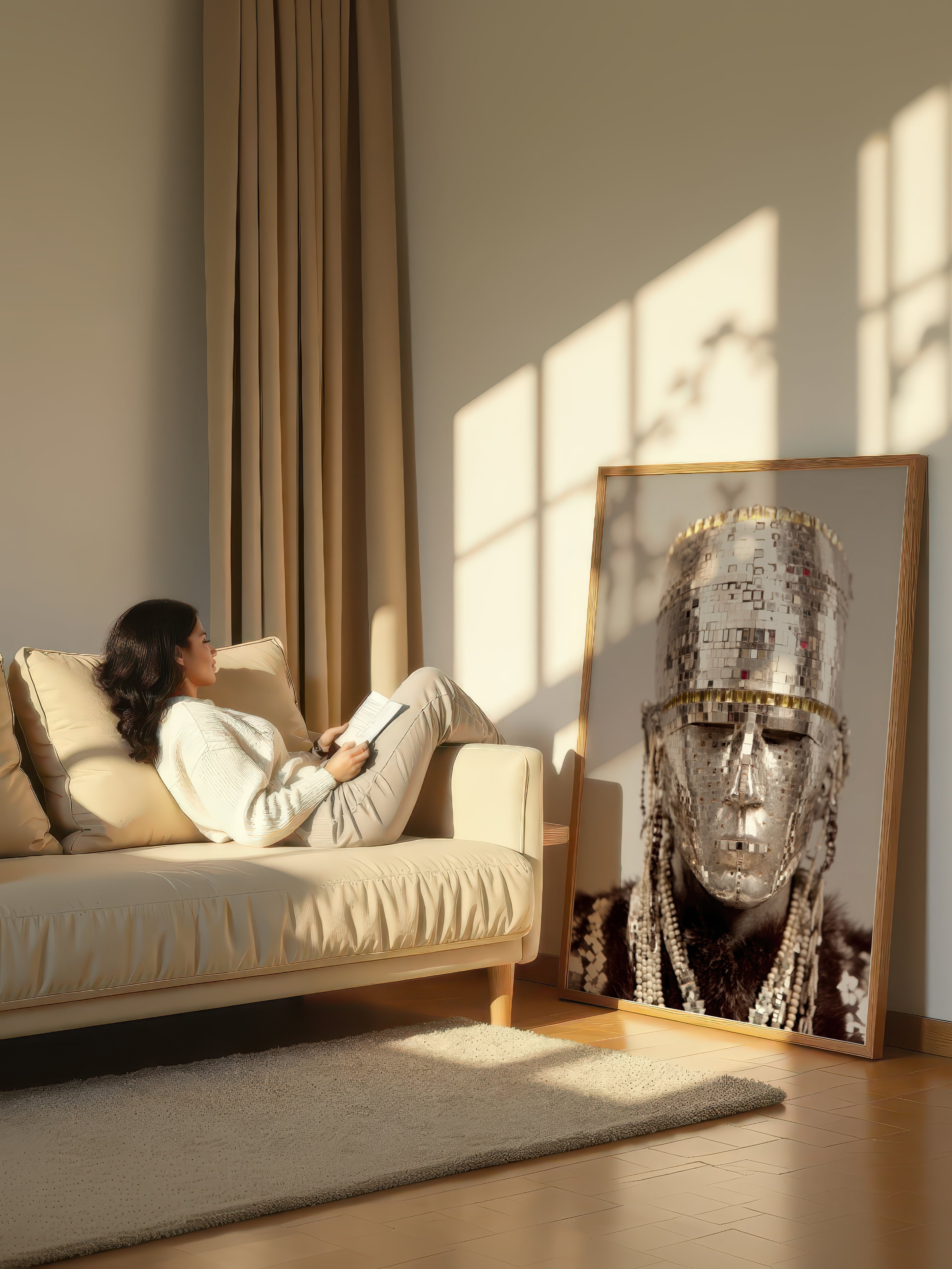 Mirror Mask – Surreal Silver Mosaic Ceremonial Wall Art 441