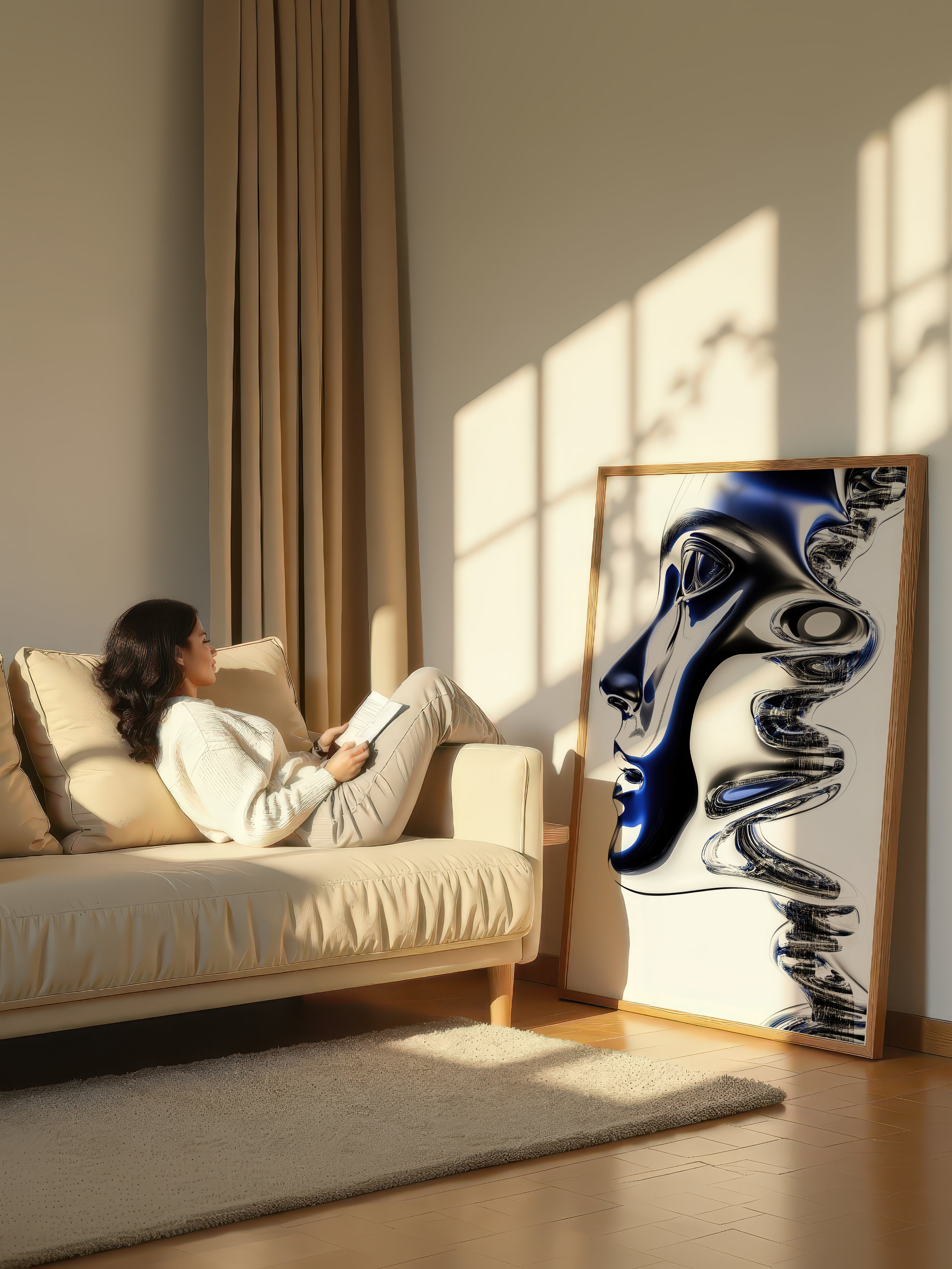 Blue Chrome Wave – Surreal Futuristic Profile Wall Art 578