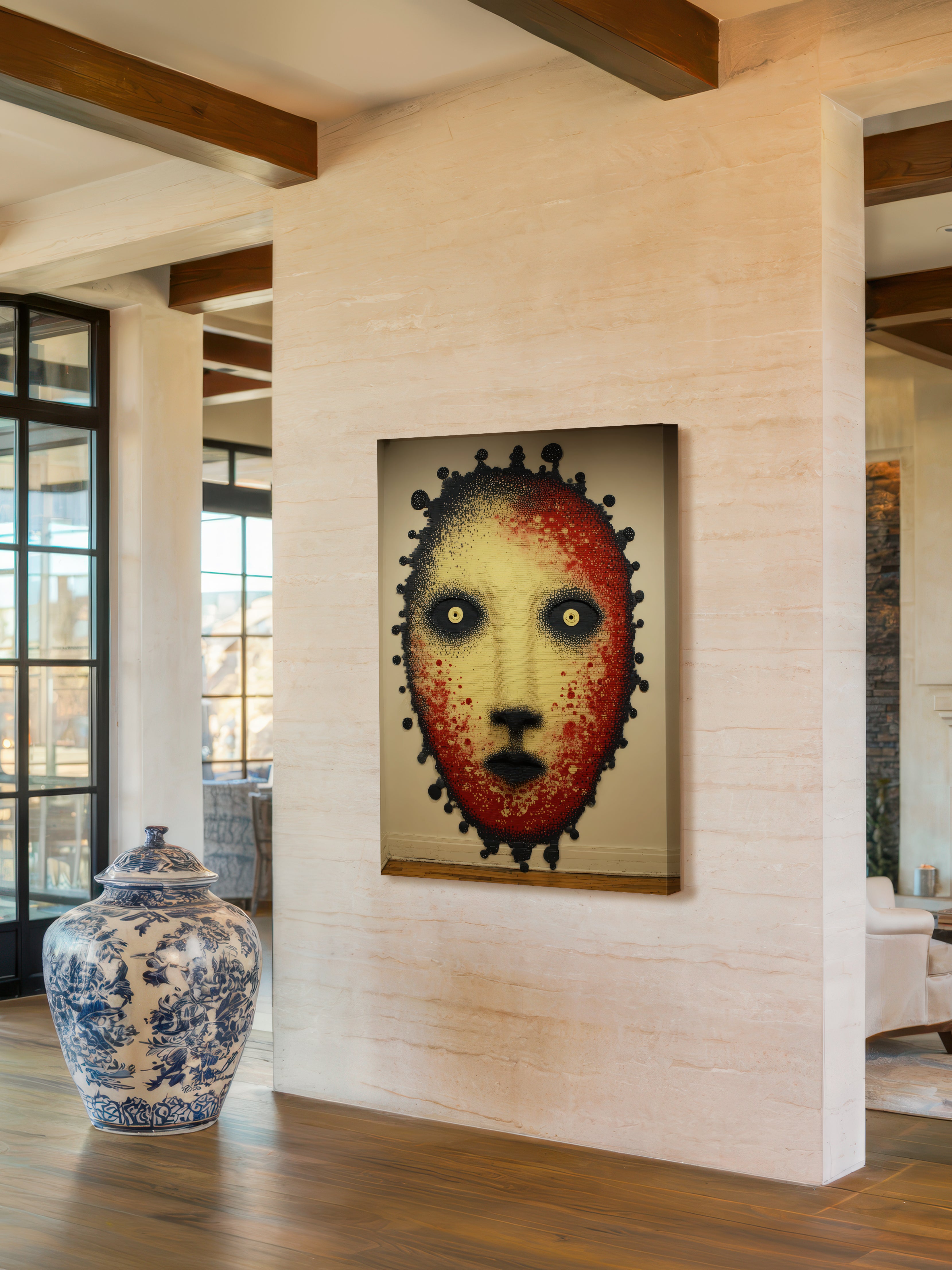 Crimson Presence – Surreal Folk Stipple Mask Wall Art 588