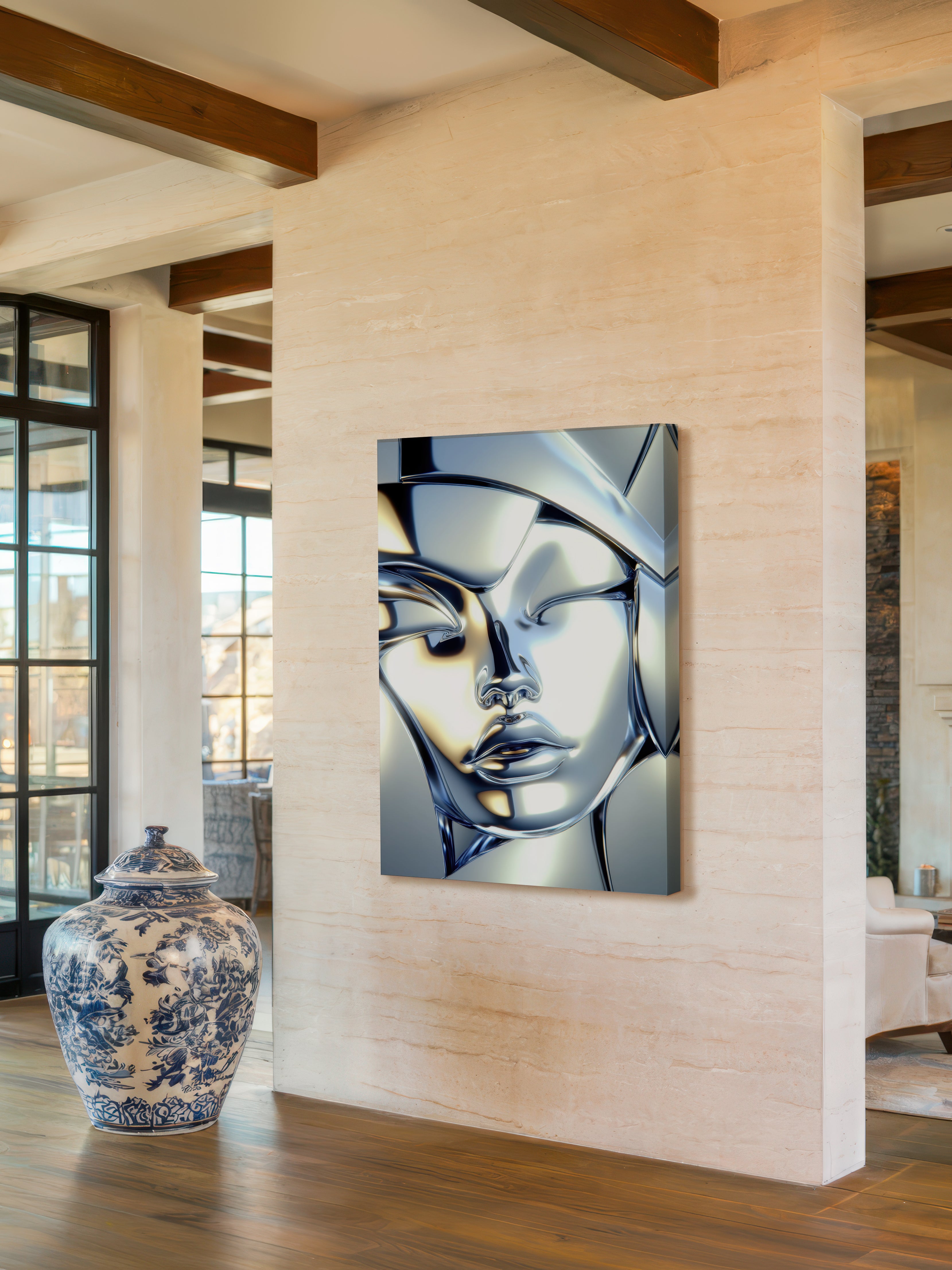 Chrome Mask – Surreal Liquid Metal Portrait Wall Art 576