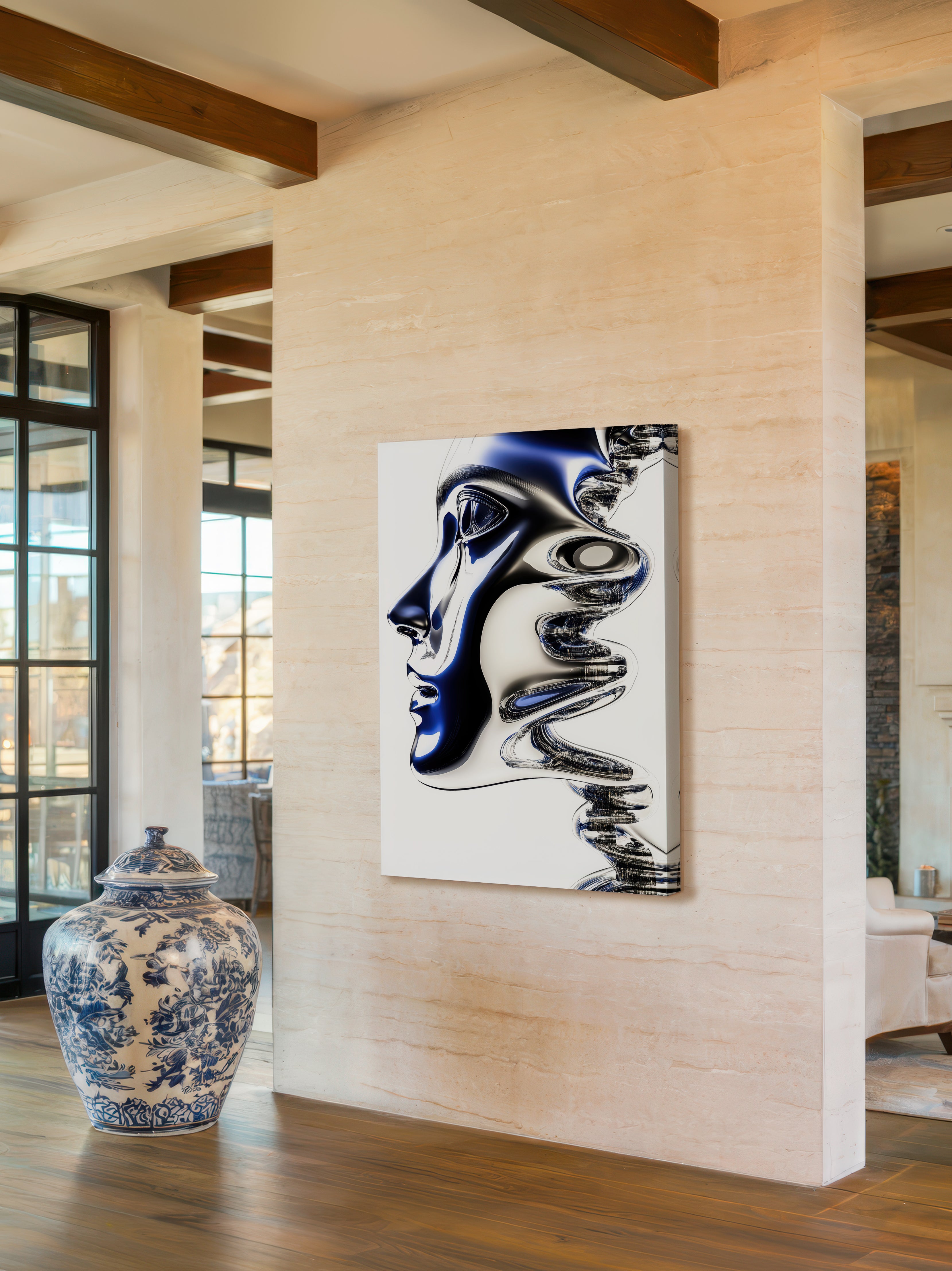 Blue Chrome Wave – Surreal Futuristic Profile Wall Art 578