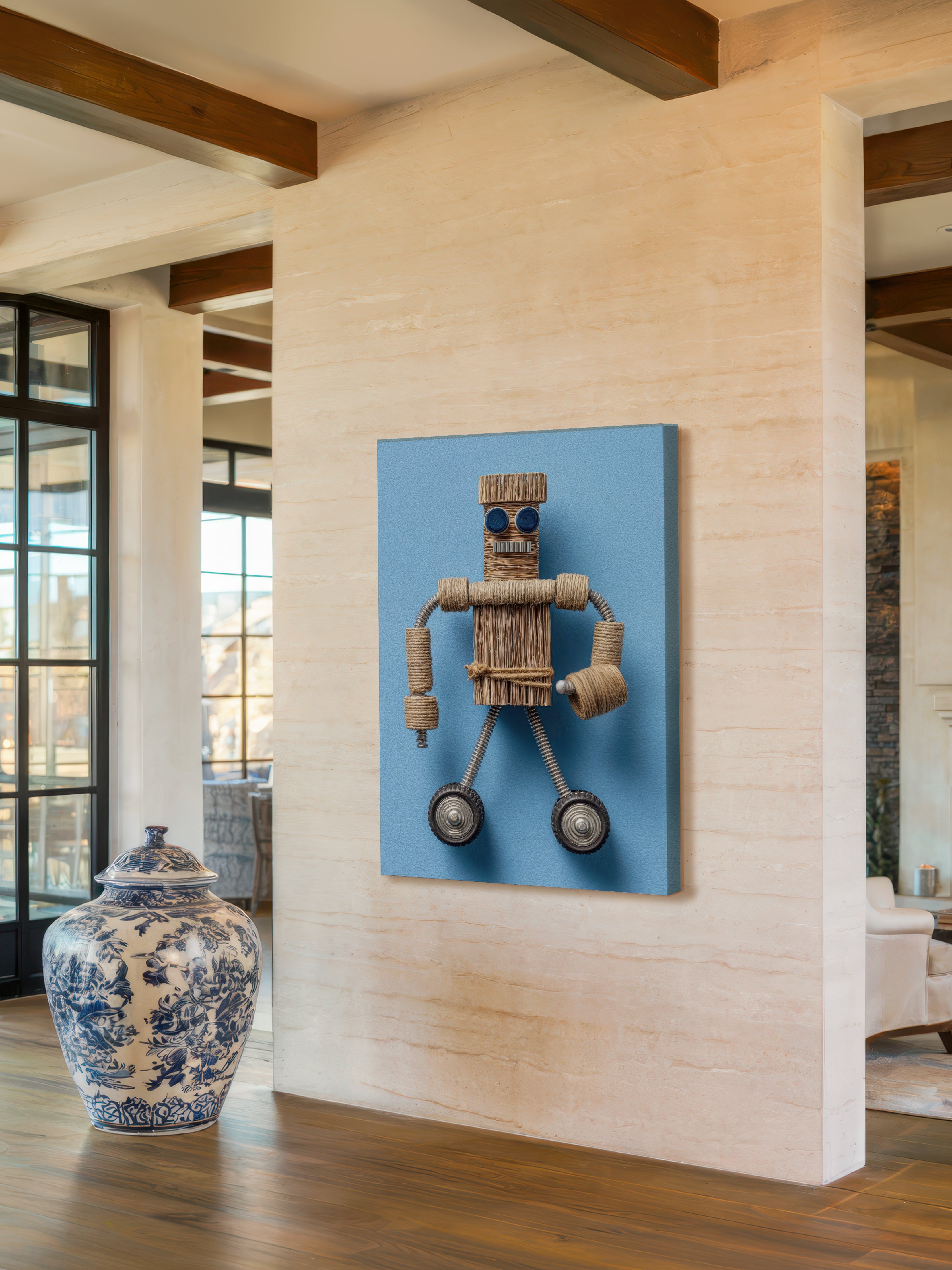 Jute Robot – Surreal Folk Art Craft Wall Art 417