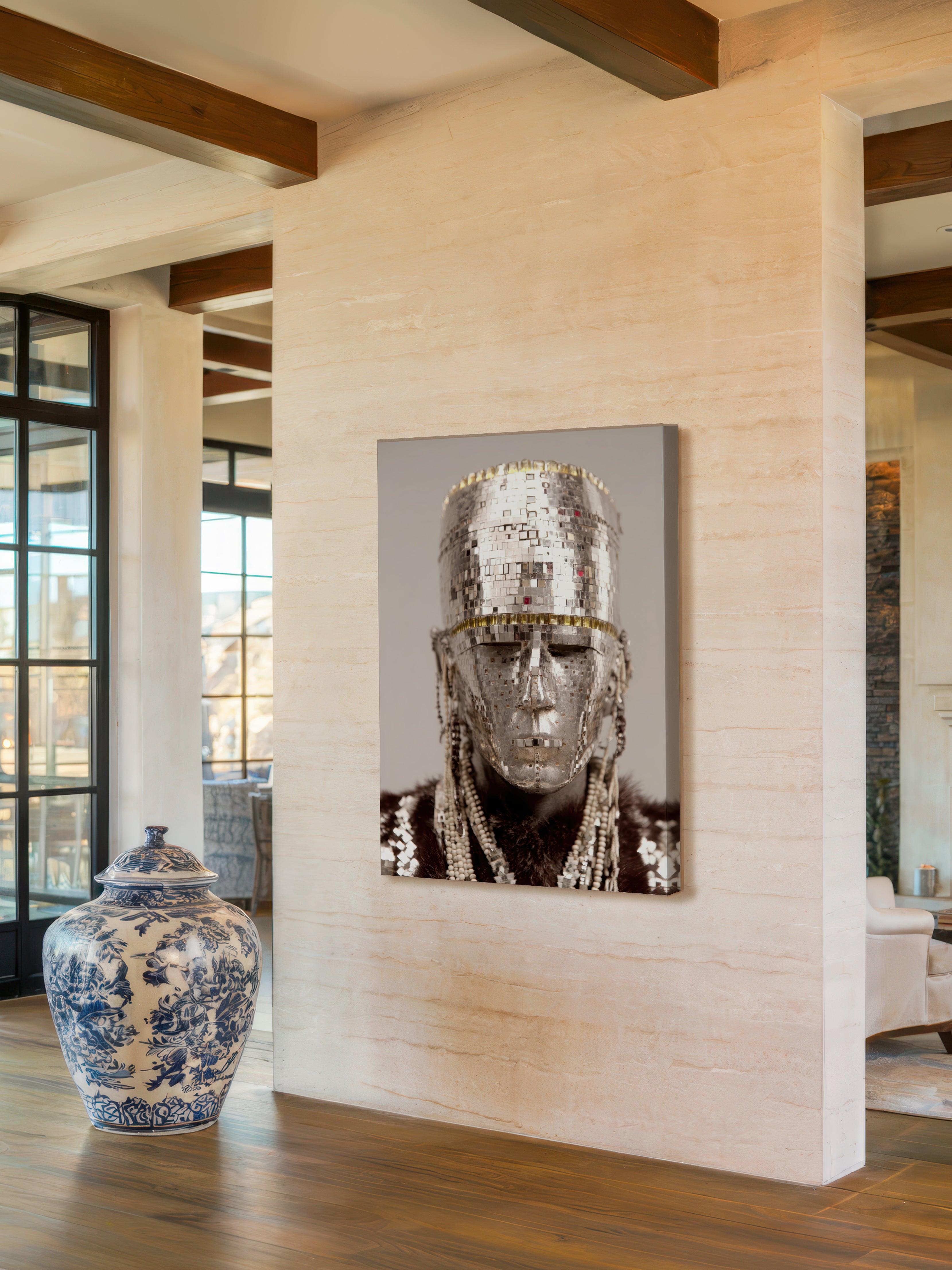 Mirror Mask – Surreal Silver Mosaic Ceremonial Wall Art 441