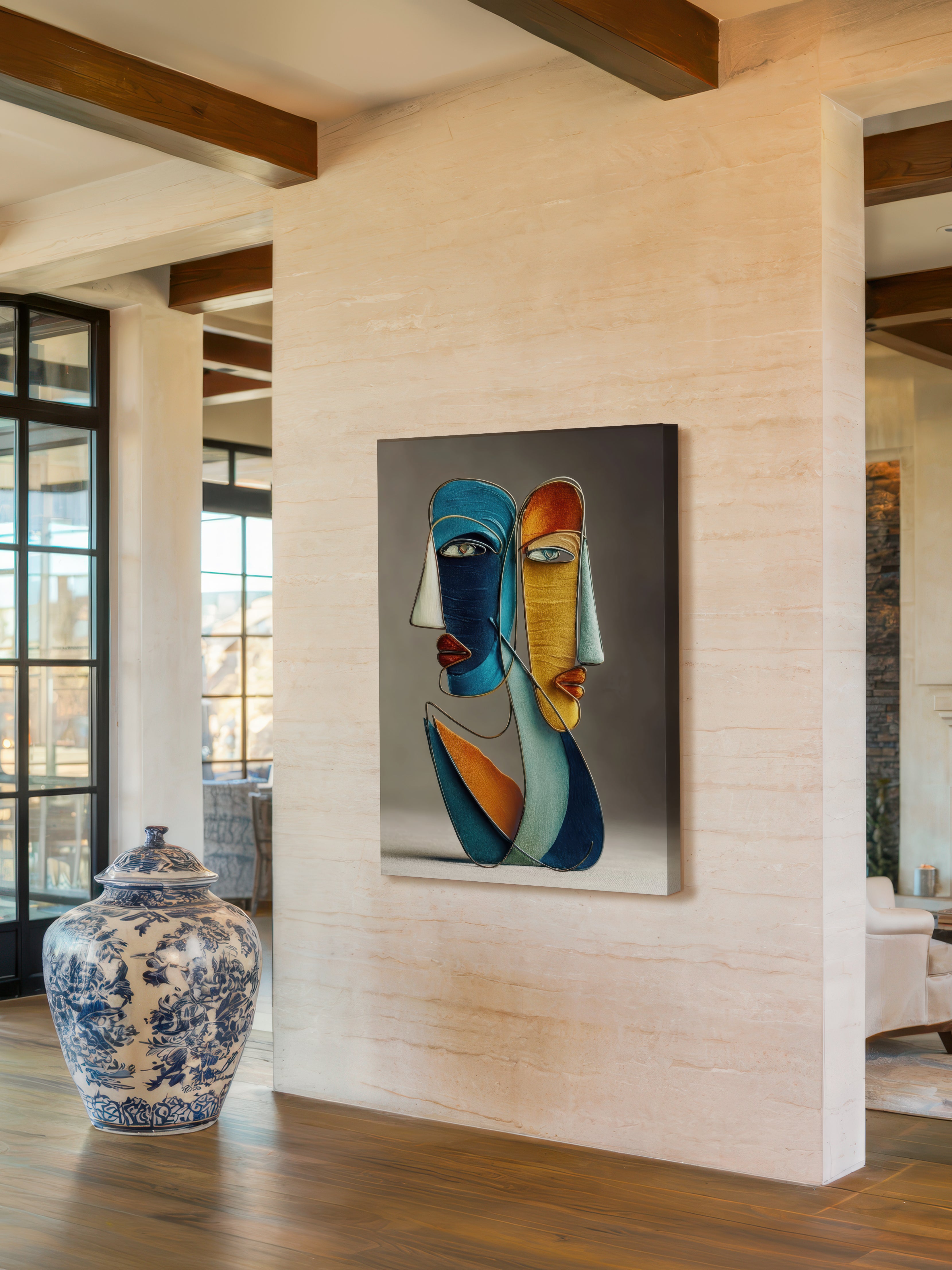 Blue and Gold Faces – Surreal Wire Sculpture Portrait Wall Art 412