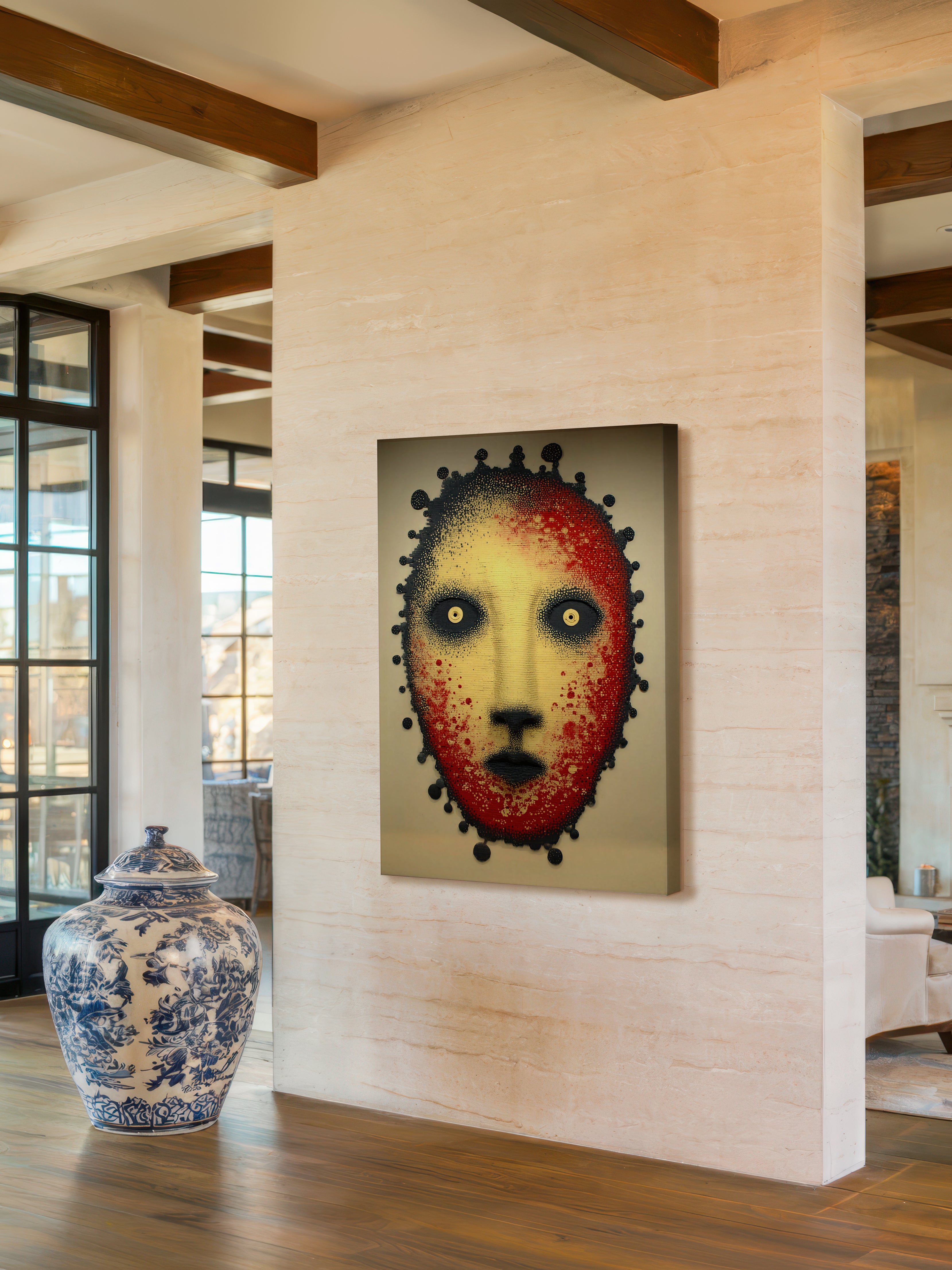 Crimson Presence – Surreal Folk Stipple Mask Wall Art 588