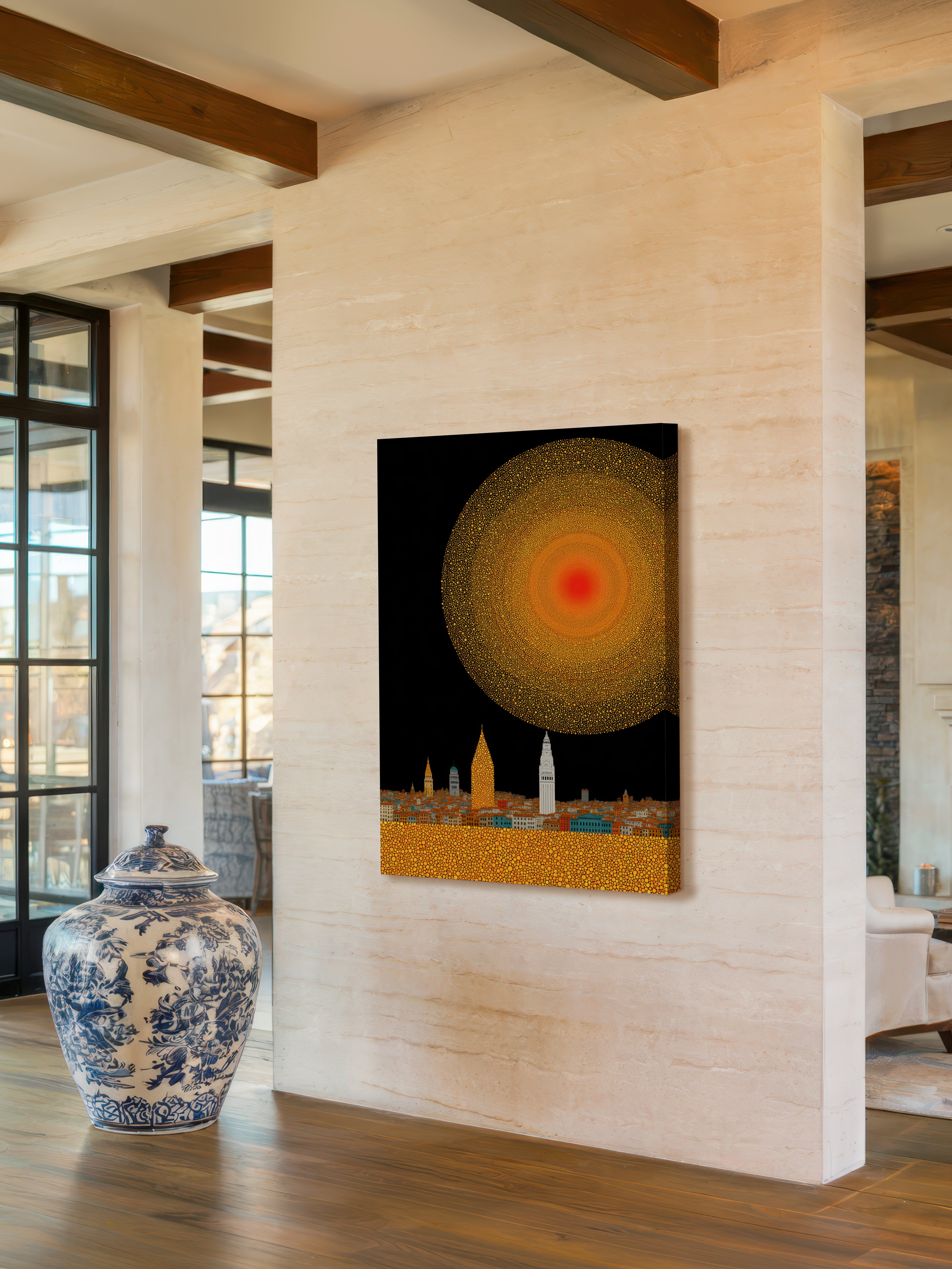 Gold Sun City – Surreal Pointillist Solar Cityscape Wall Art 434