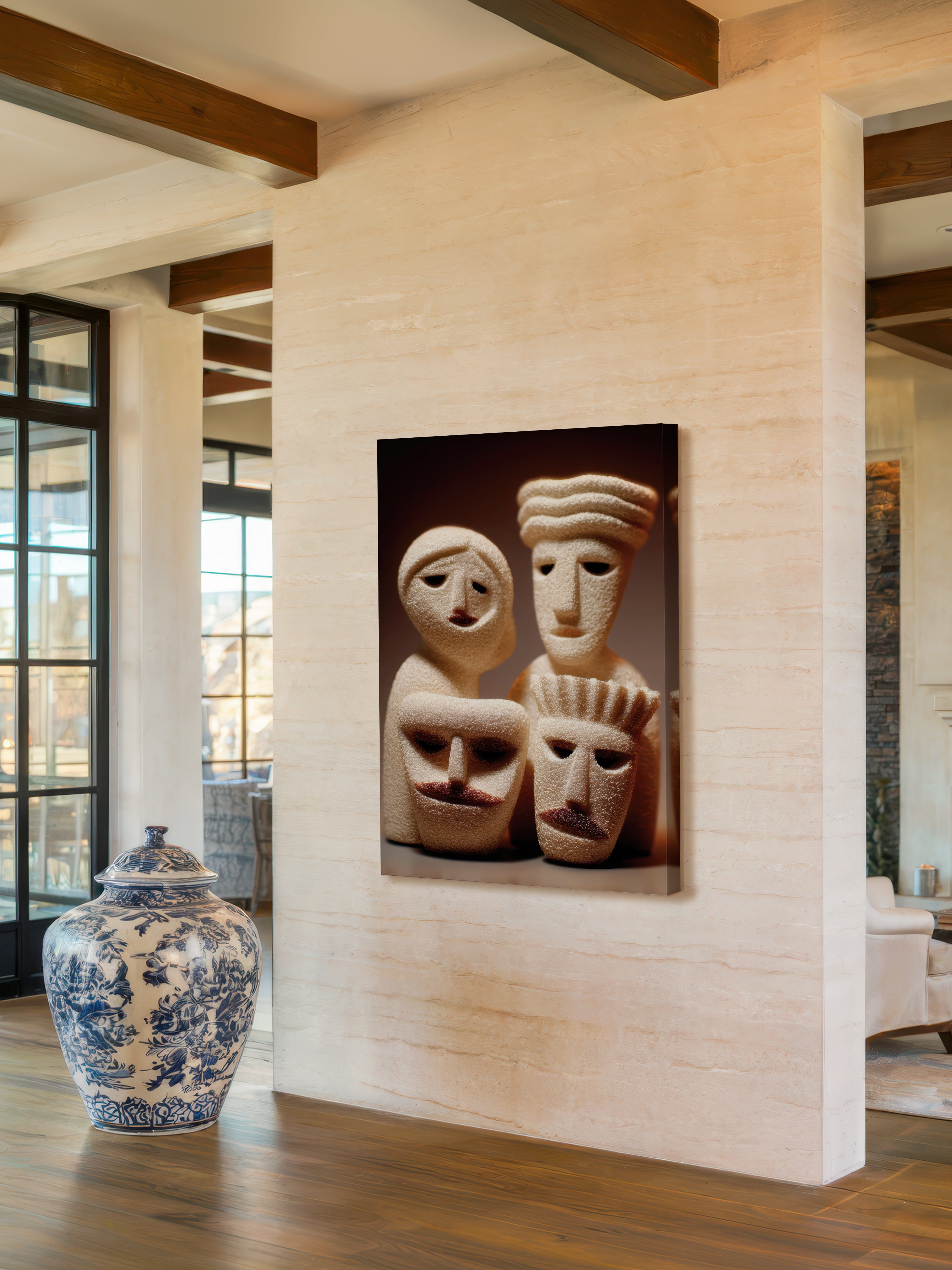 Four Faces – Surreal Wabi Sabi Primitive Figures Wall Art 424