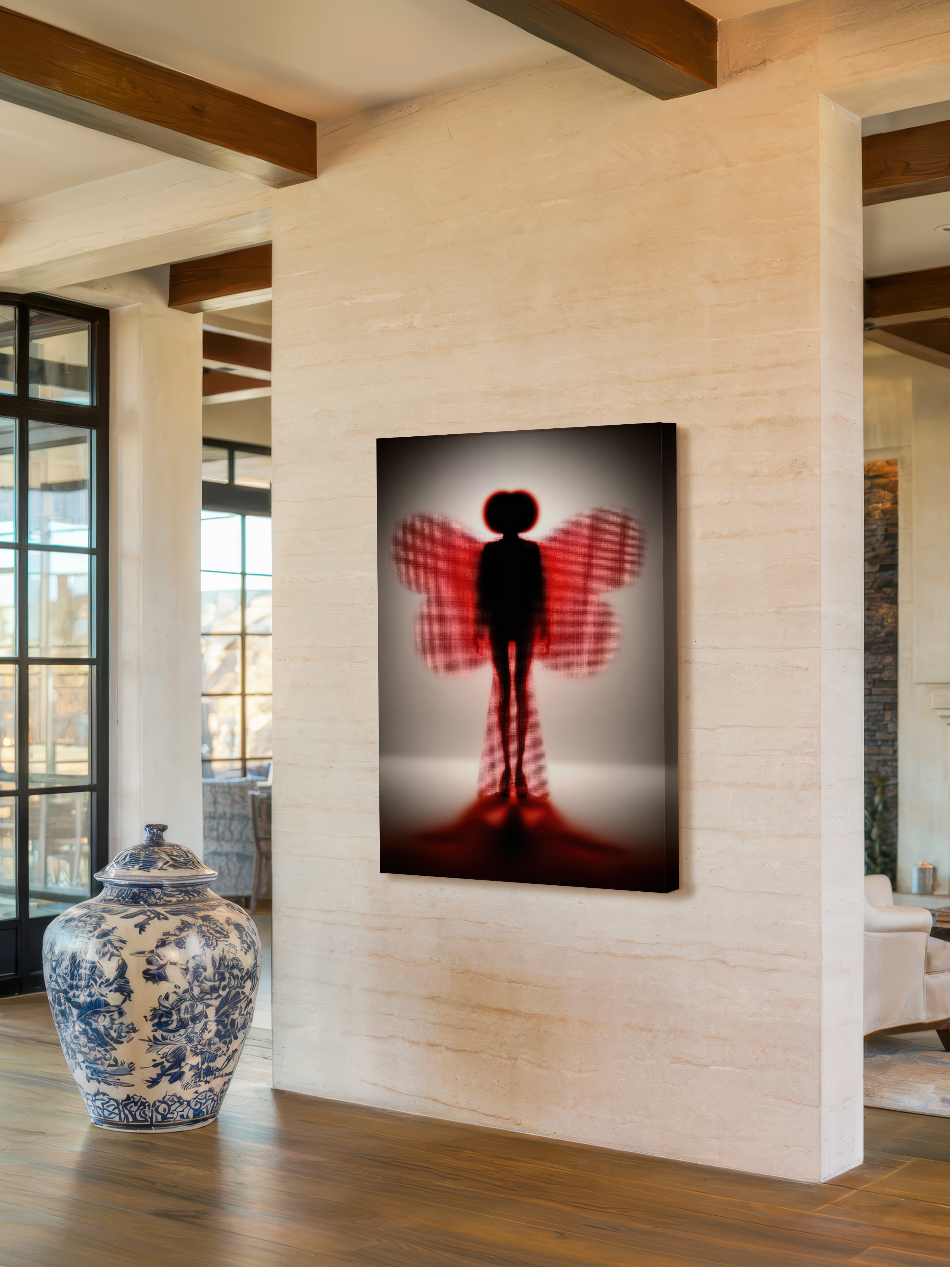 Crimson Silhouette – Surreal Minimalist Wings Wall Art 543
