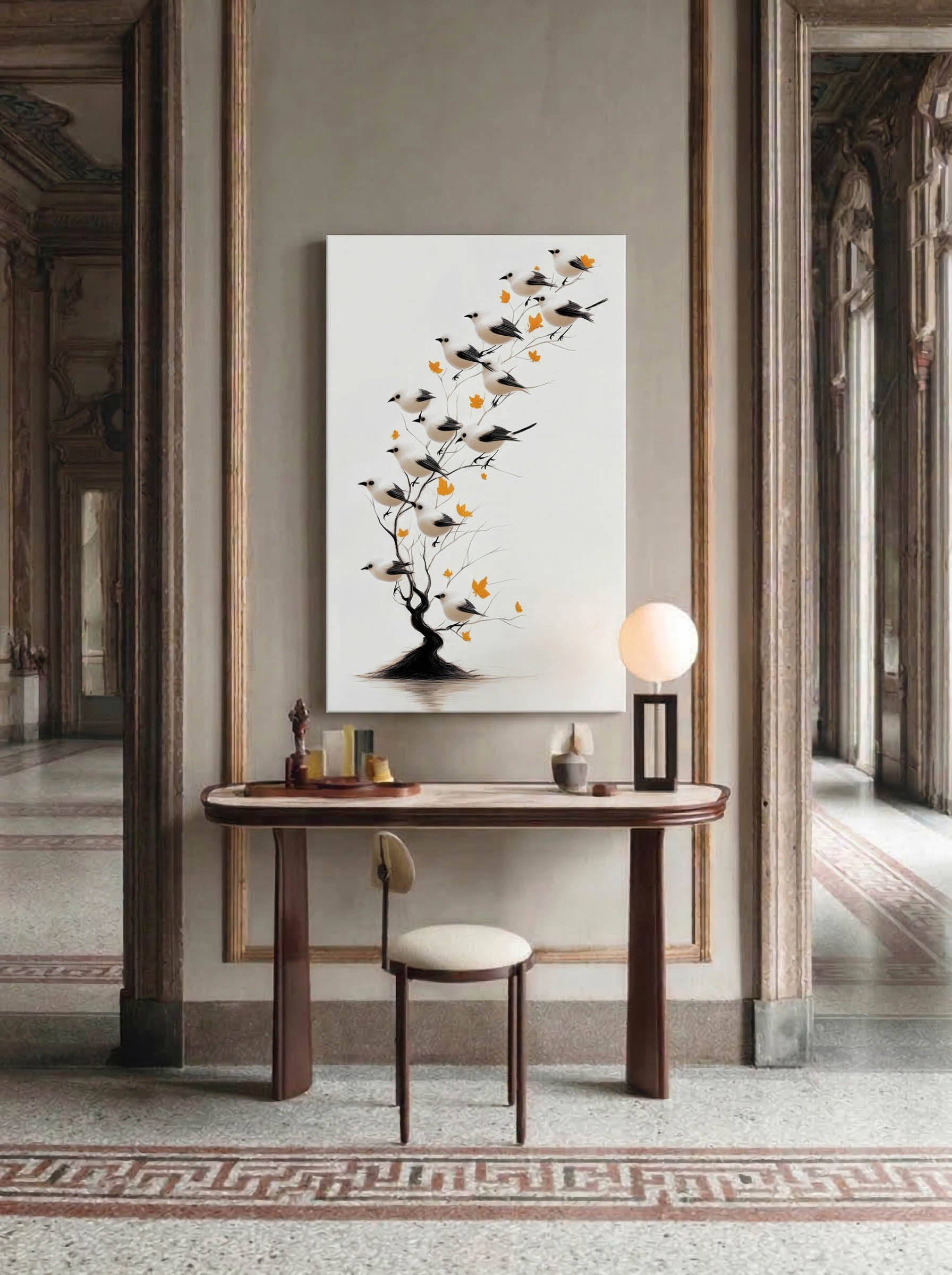 Autumnal Gathering – Surreal Minimalist Bird Tree Wall Art 200