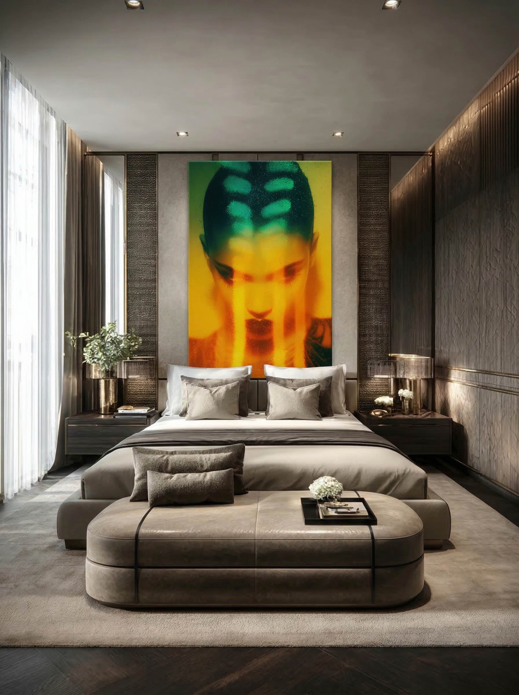 Amber Glow – Surreal Neon Light Glass Portrait Wall Art 211