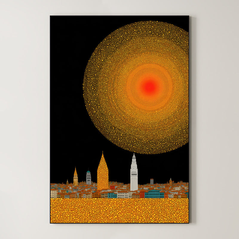 Gold Sun City – Surreal Pointillist Solar Cityscape Wall Art 434 Main image