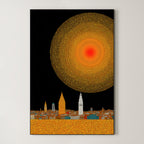 Gold Sun City – Surreal Pointillist Solar Cityscape Wall Art 434
