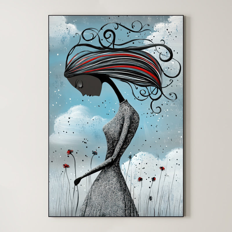 Crimson Breeze – Surreal Folk Floral Figure Wall Art 597