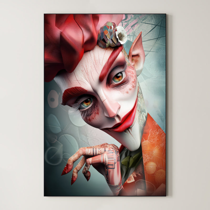 Crimson Contemplation – Surreal Theatrical Clown Portrait Wall Art 348