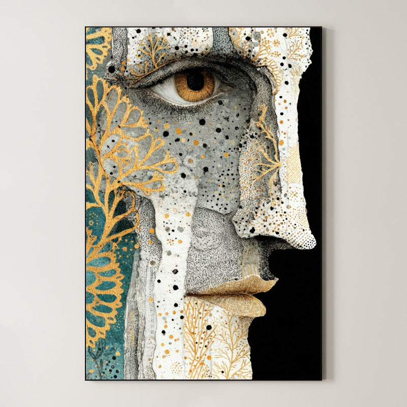 Gilded Gaze – Surreal Stipple Gold Botanical Portrait Wall Art 262