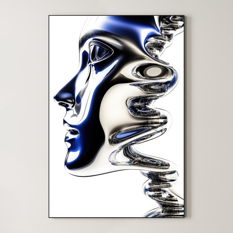 Blue Chrome Wave – Surreal Futuristic Profile Wall Art 578 Main image