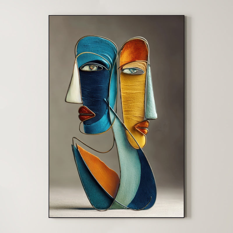 Blue and Gold Faces – Surreal Wire Sculpture Portrait Wall Art 412