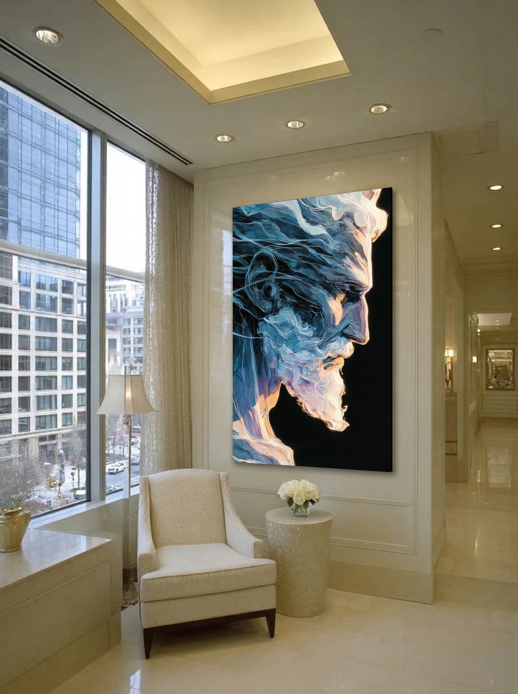 Luminous Profile – Surreal Icy Blue Beard Portrait Wall Art 261