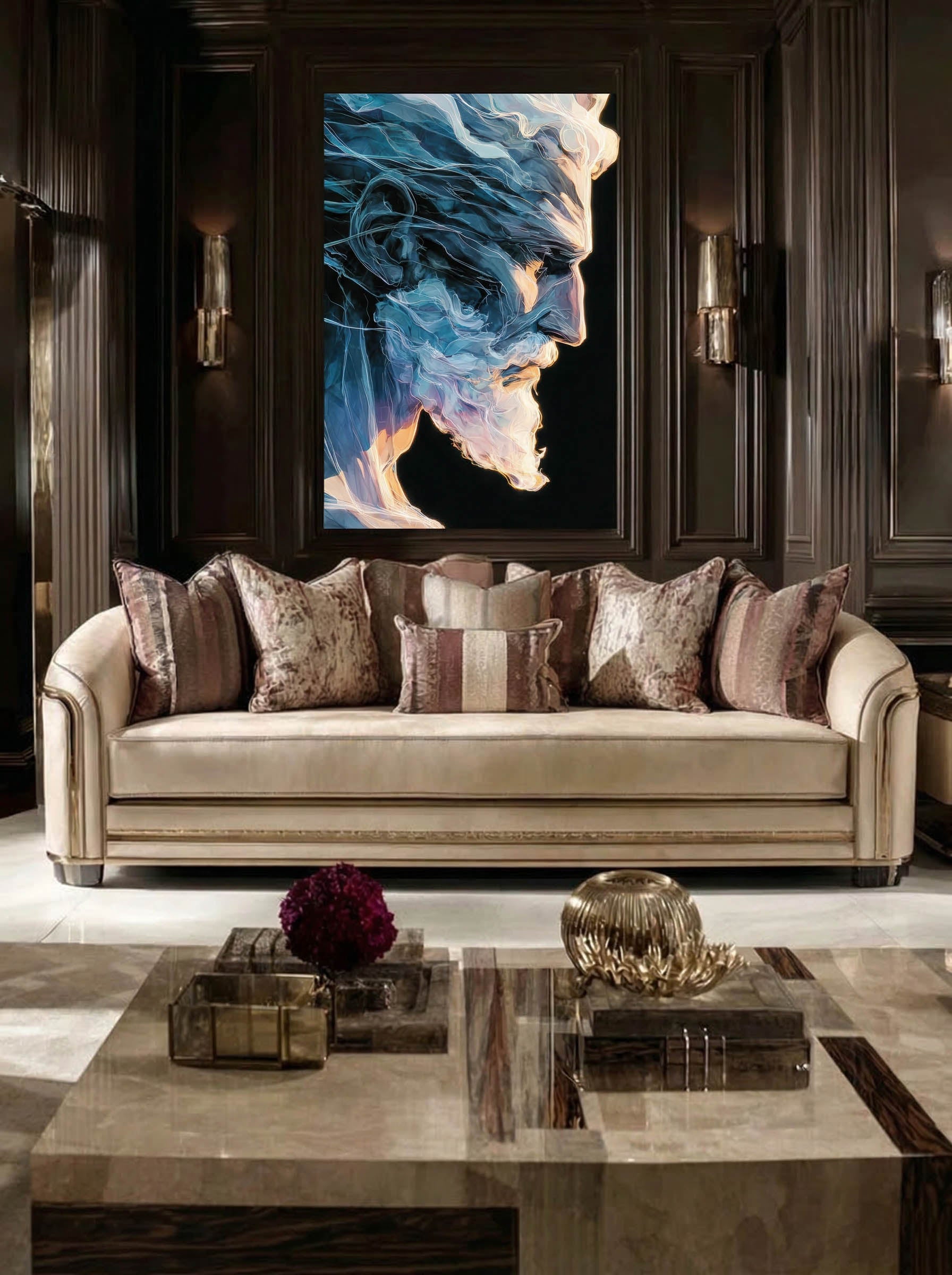 Luminous Profile – Surreal Icy Blue Beard Portrait Wall Art 261