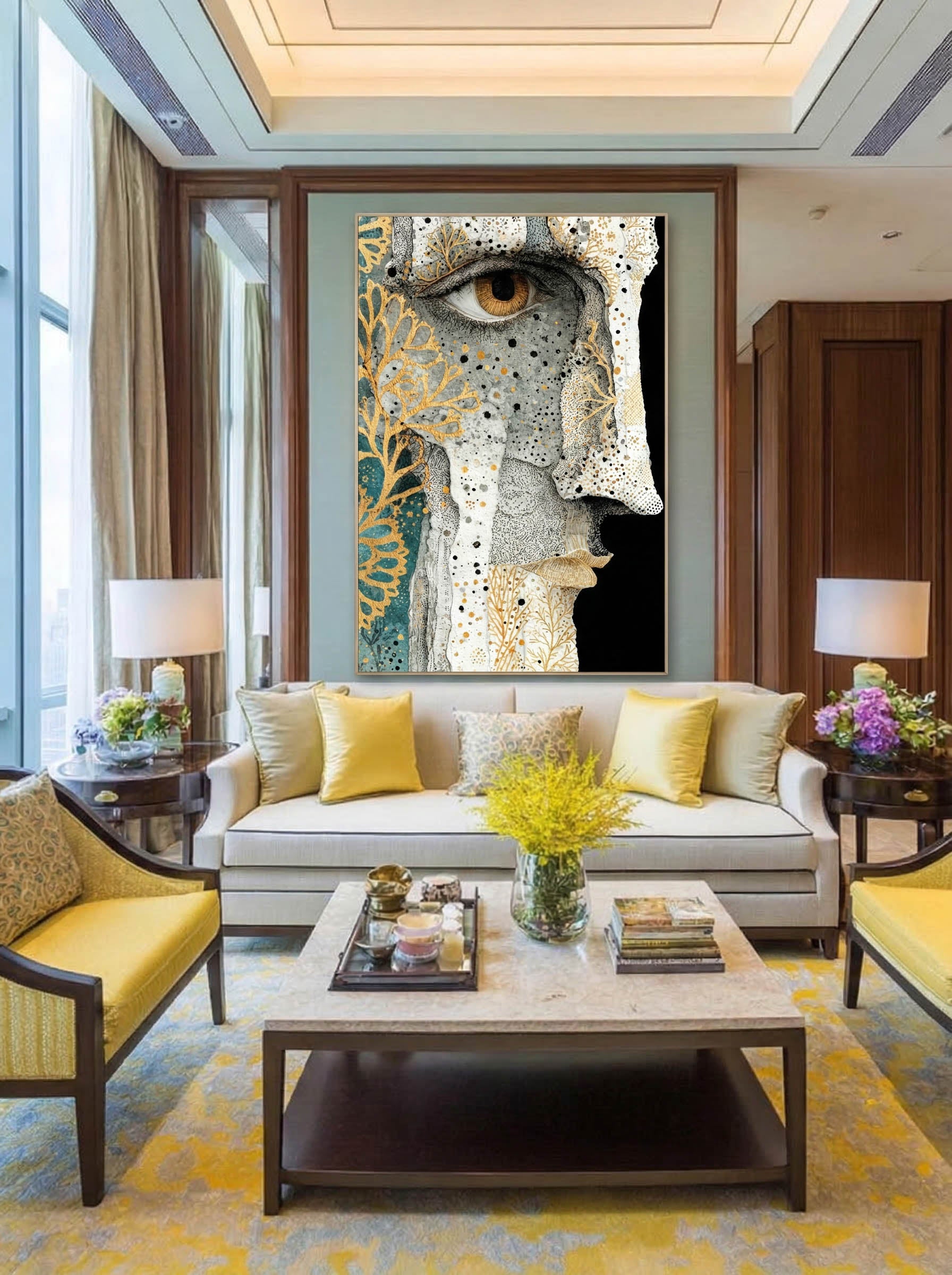 Gilded Gaze – Surreal Stipple Gold Botanical Portrait Wall Art 262