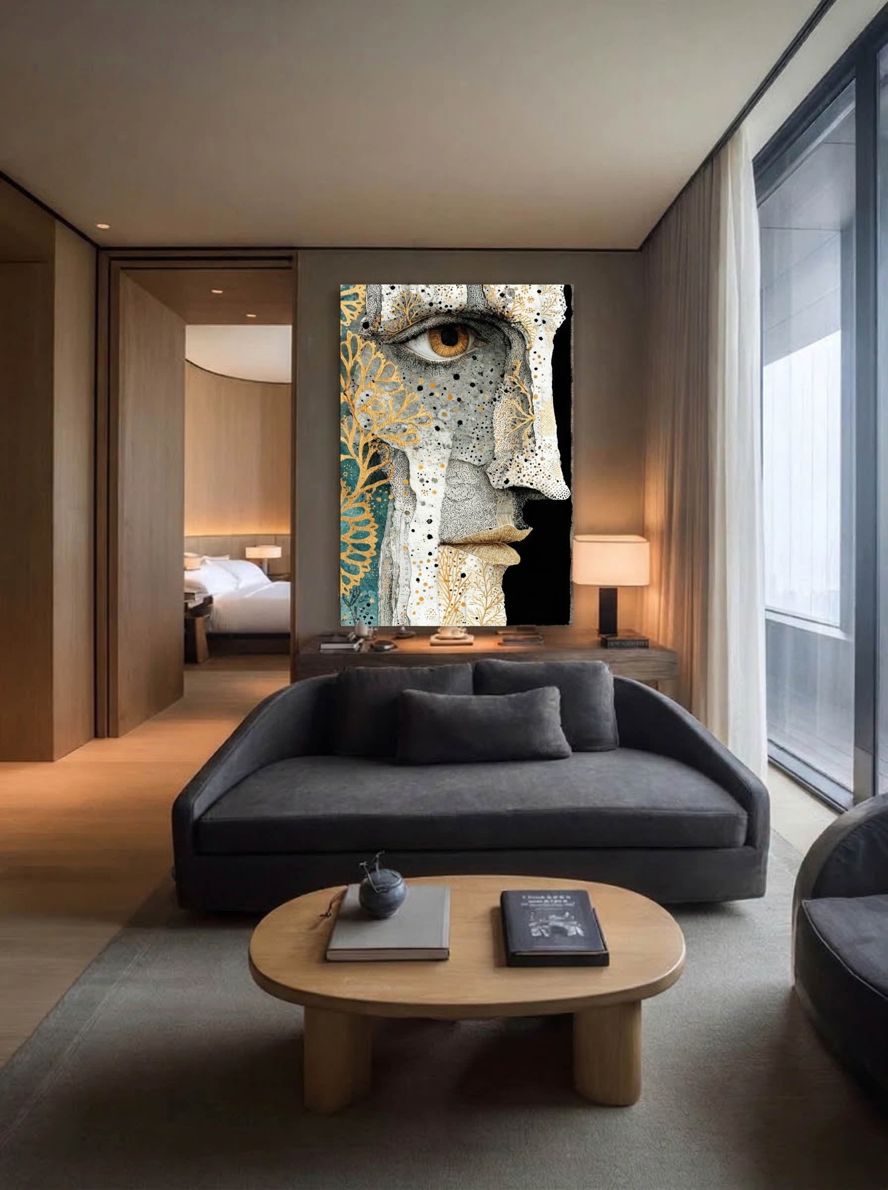 Gilded Gaze – Surreal Stipple Gold Botanical Portrait Wall Art 262