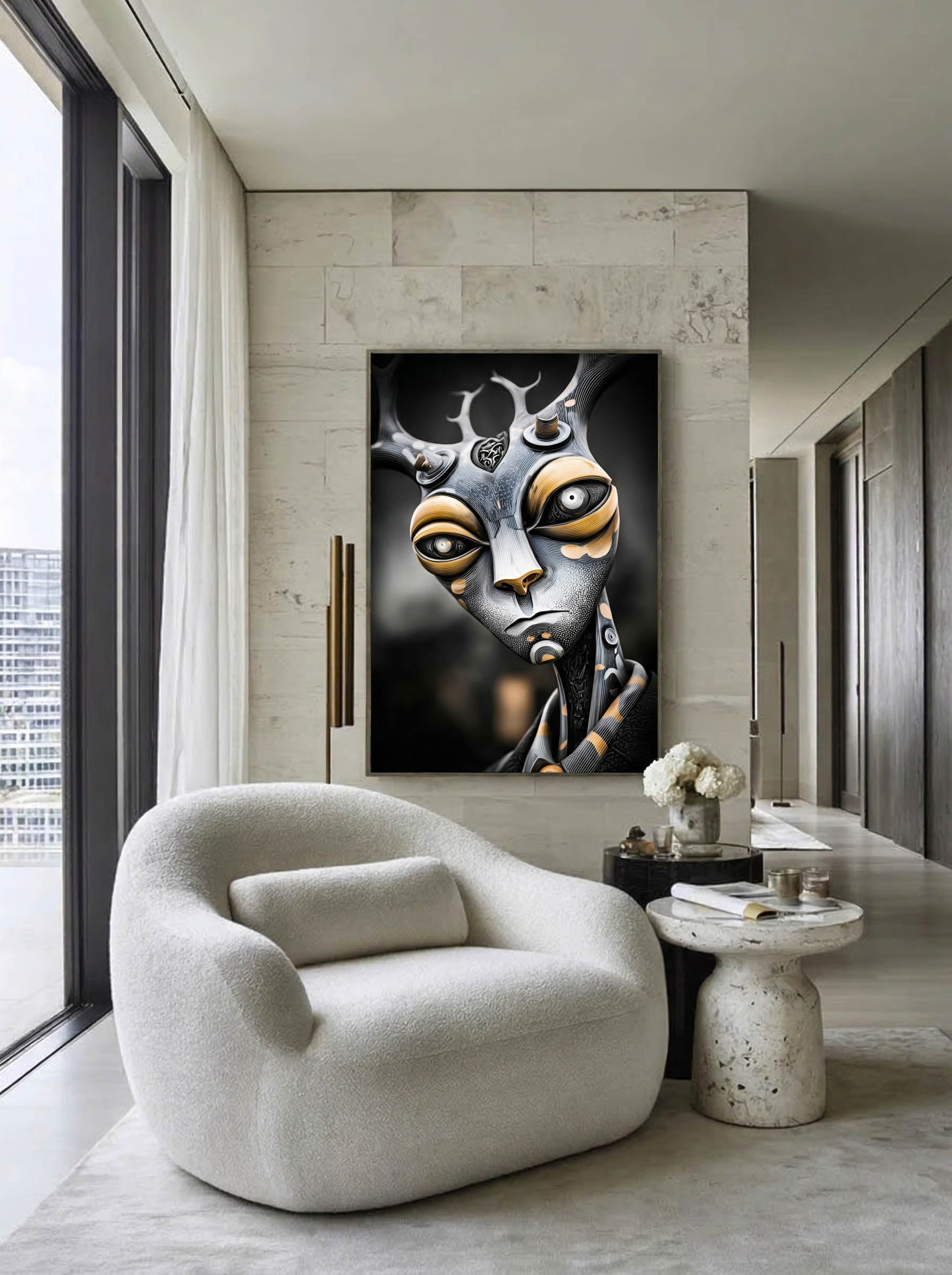 Chrome Antler – Surreal Mechanical Antler Portrait Wall Art 265