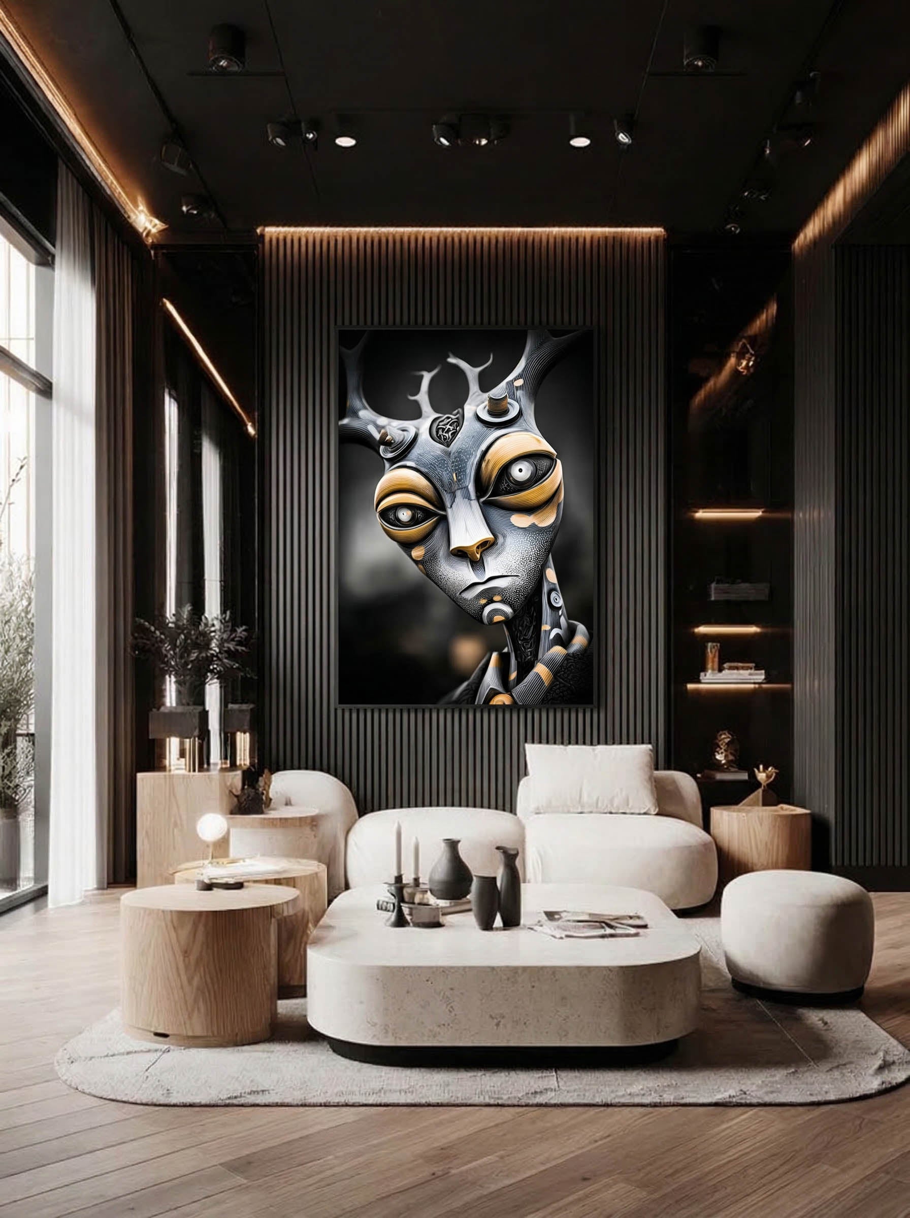 Chrome Antler – Surreal Mechanical Antler Portrait Wall Art 265