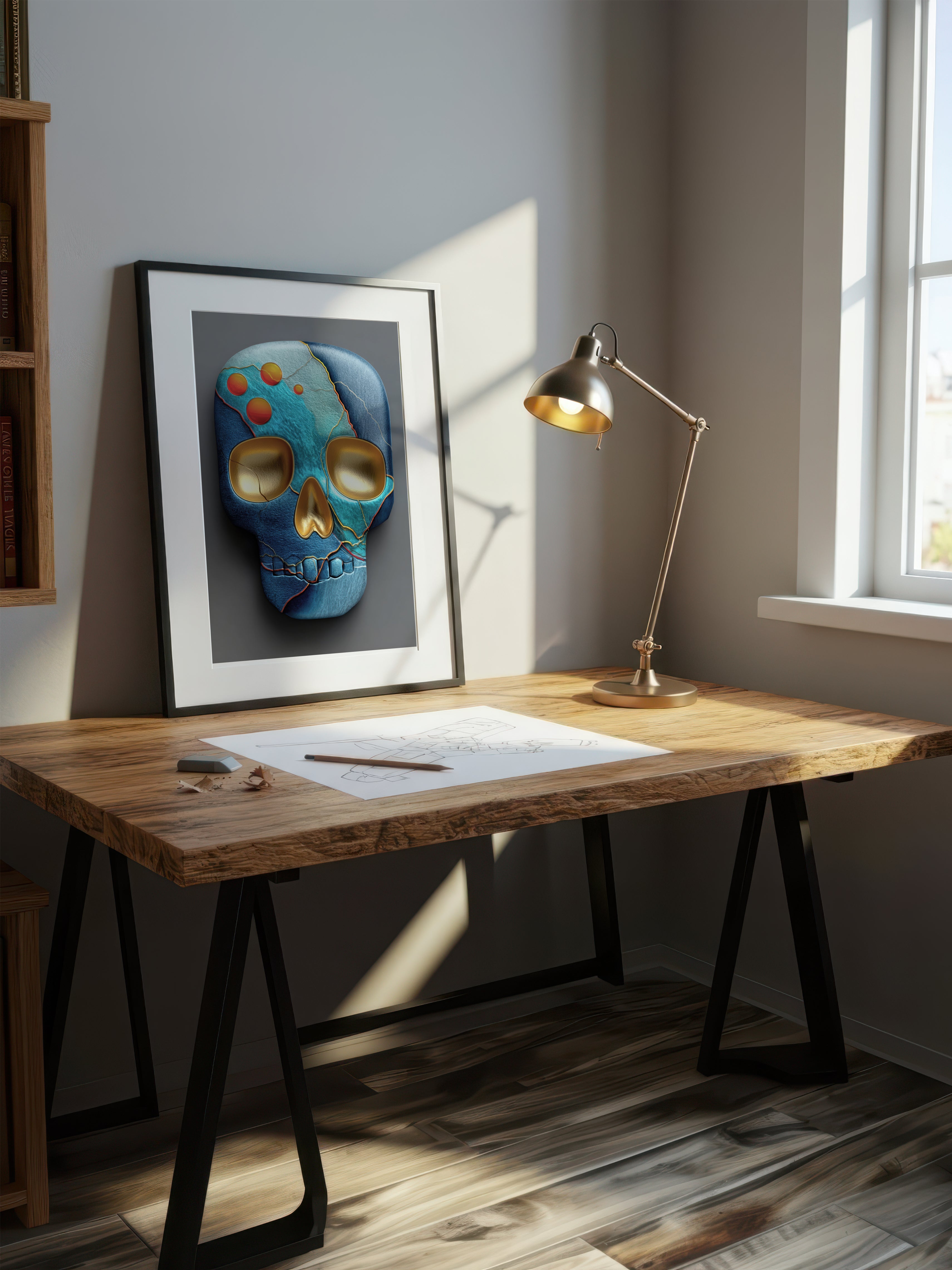Teal Skull – Surreal Kintsugi Skull Wall Art 407