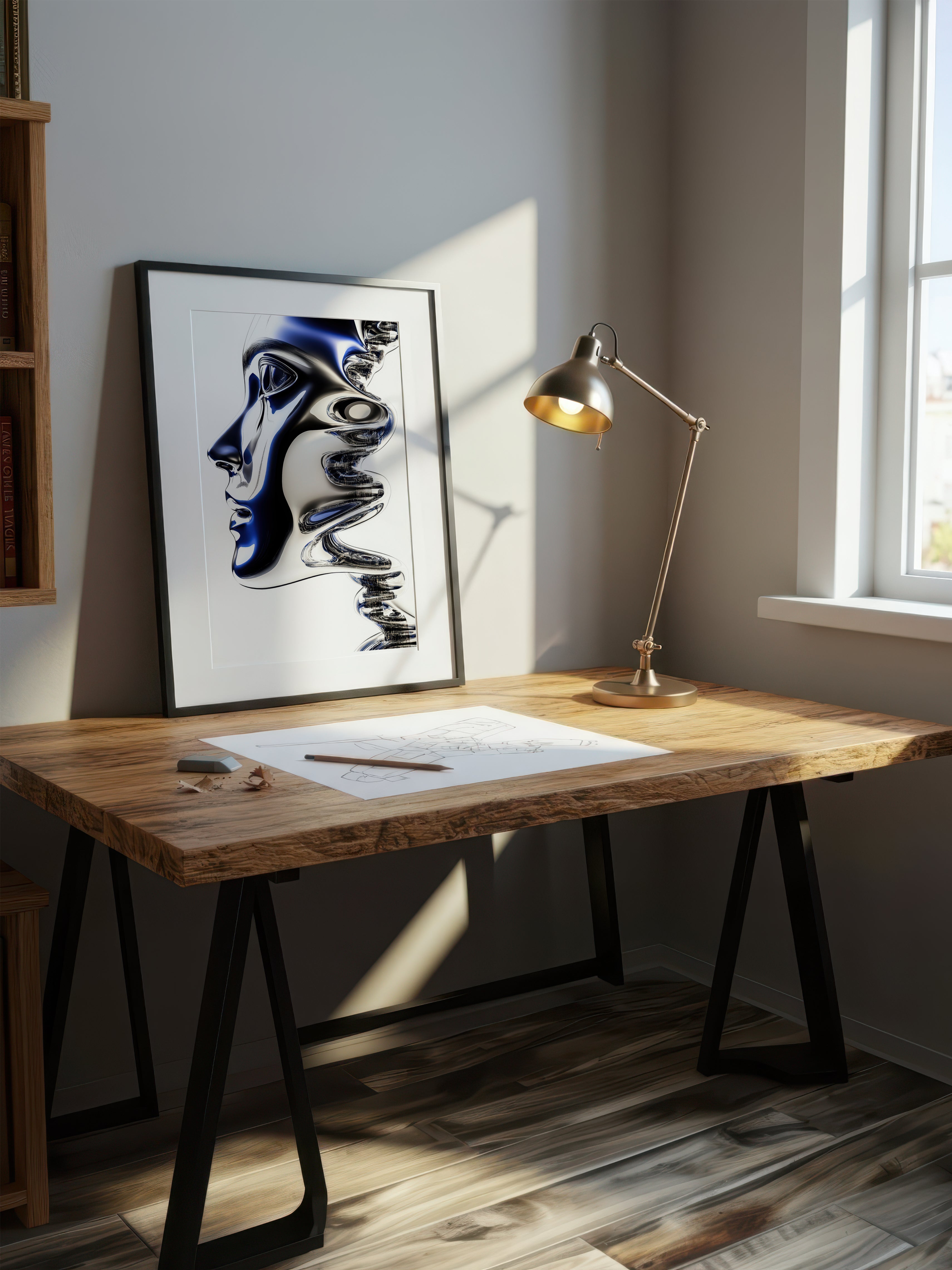 Blue Chrome Wave – Surreal Futuristic Profile Wall Art 578