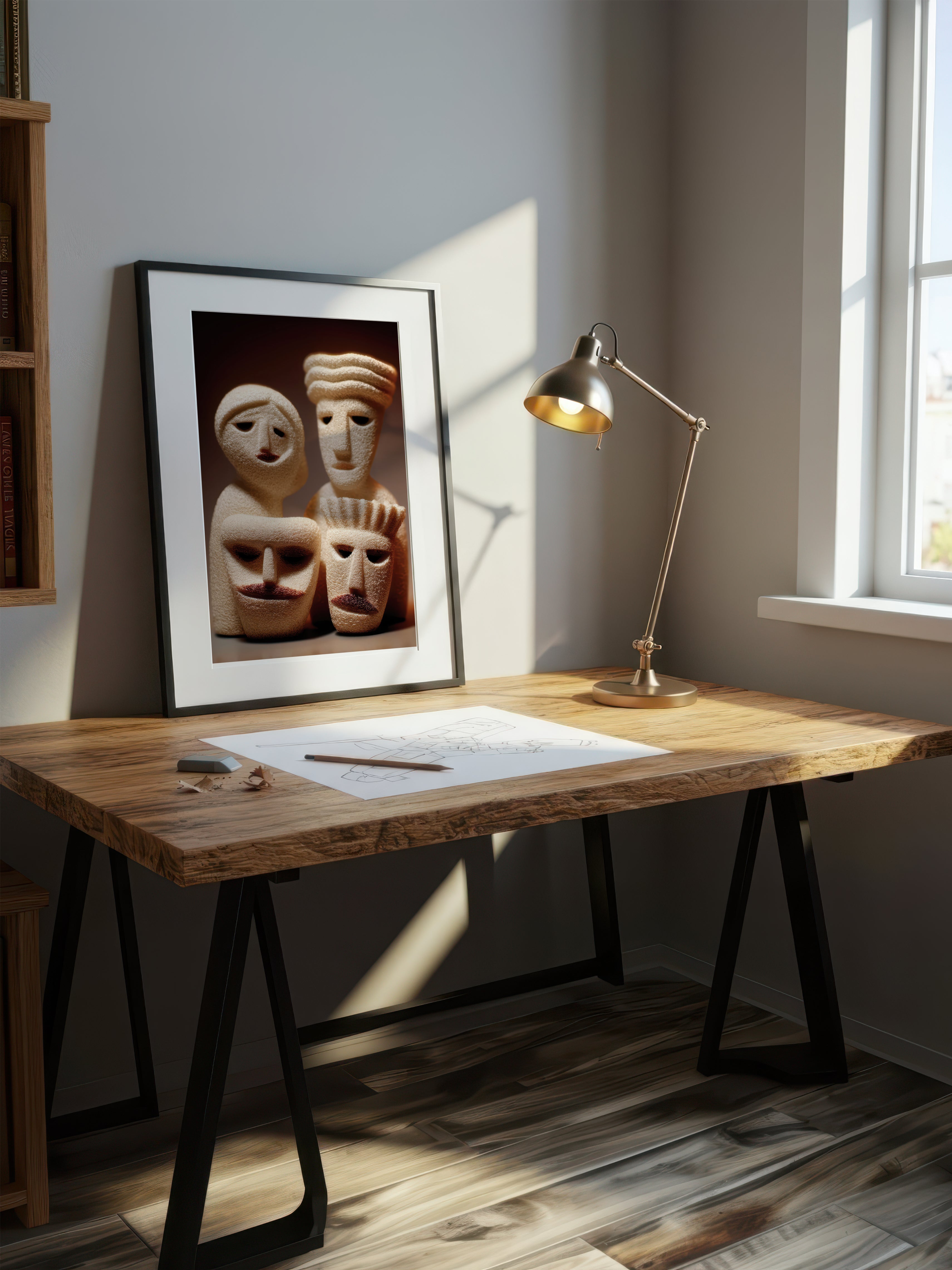 Four Faces – Surreal Wabi Sabi Primitive Figures Wall Art 424