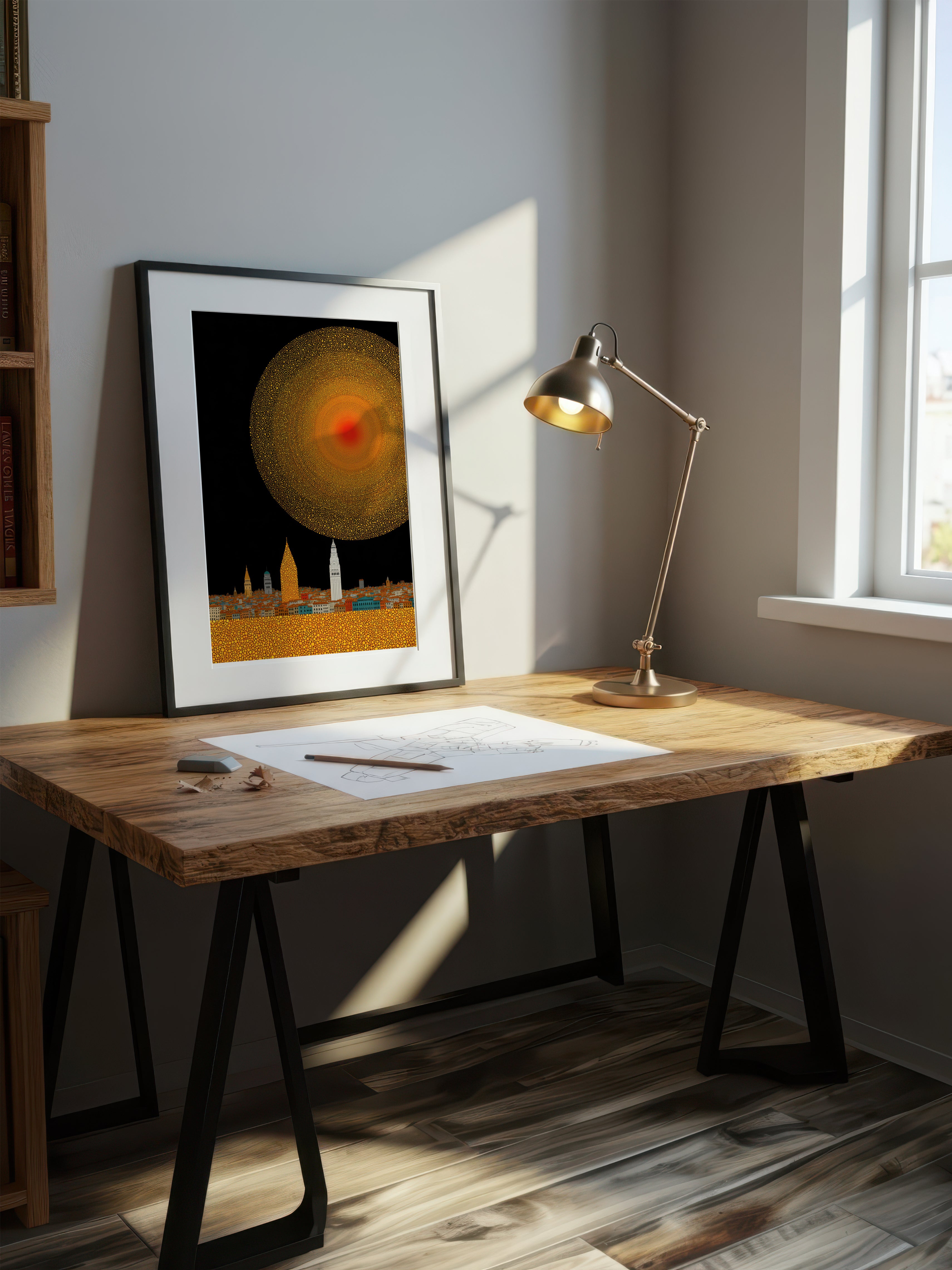 Gold Sun City – Surreal Pointillist Solar Cityscape Wall Art 434