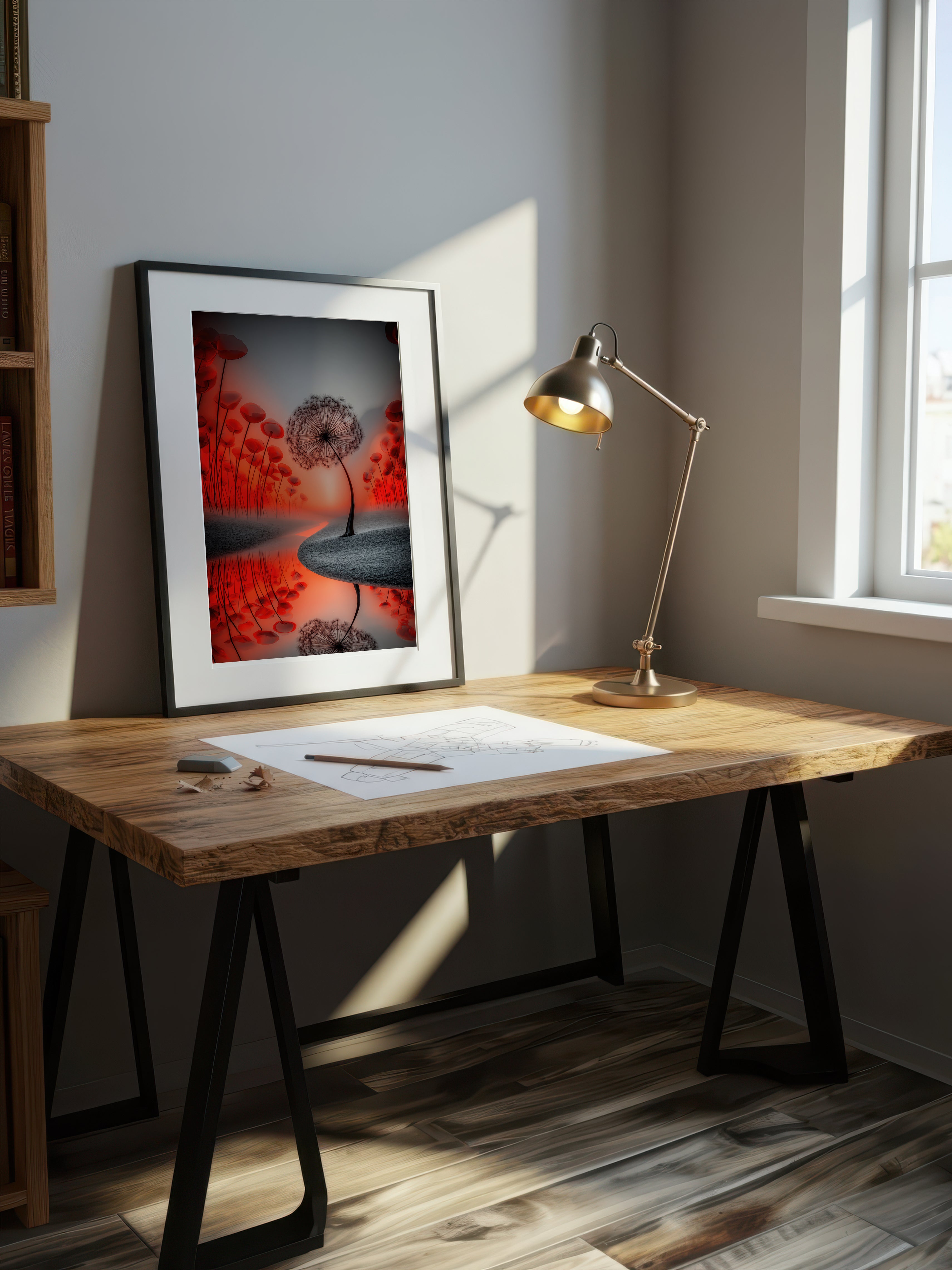 Crimson River Dandelion – Surreal Nature Wall Art 485