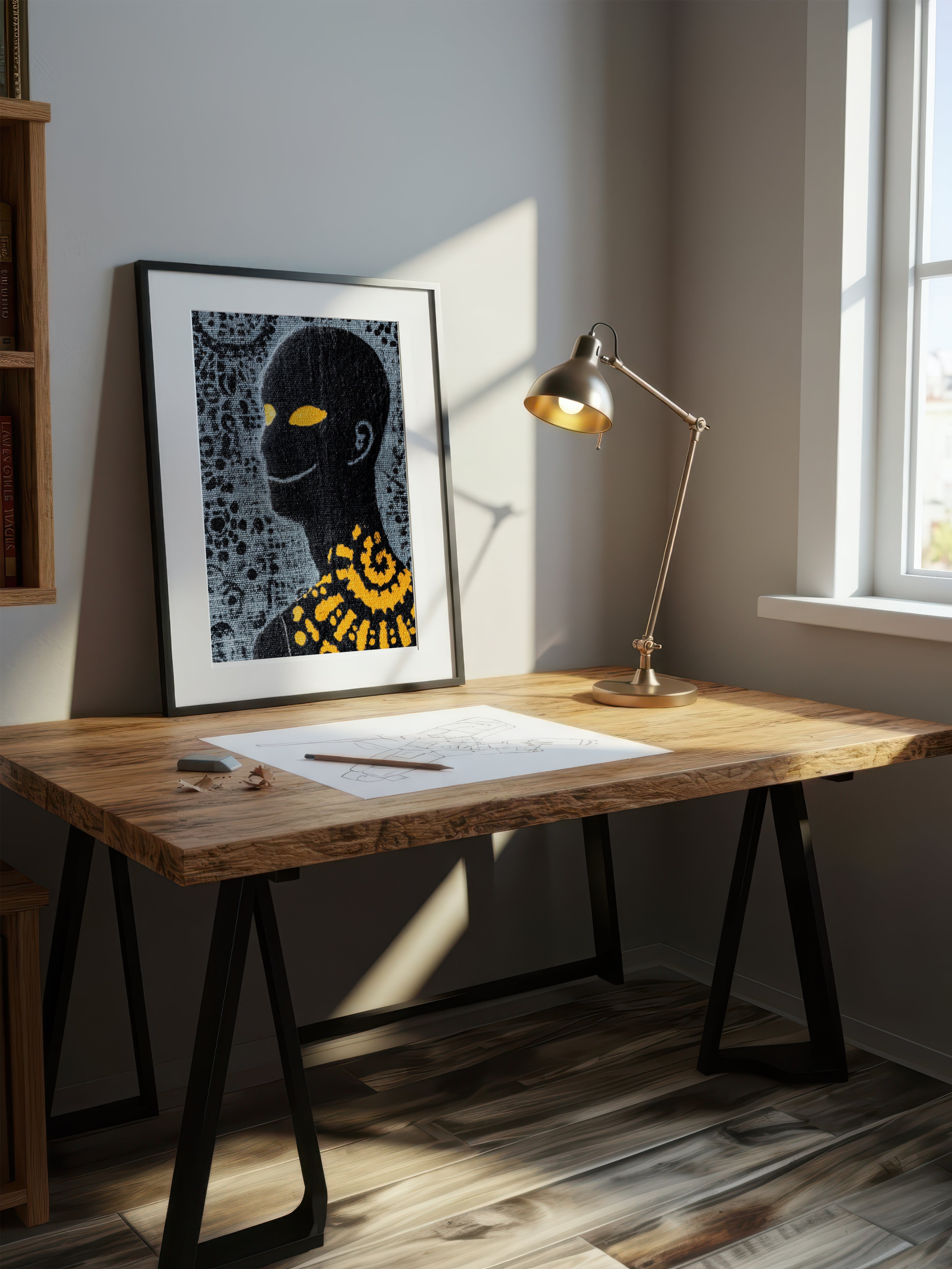 Amber Gaze – Surreal Folk Swirl Figure Wall Art 590