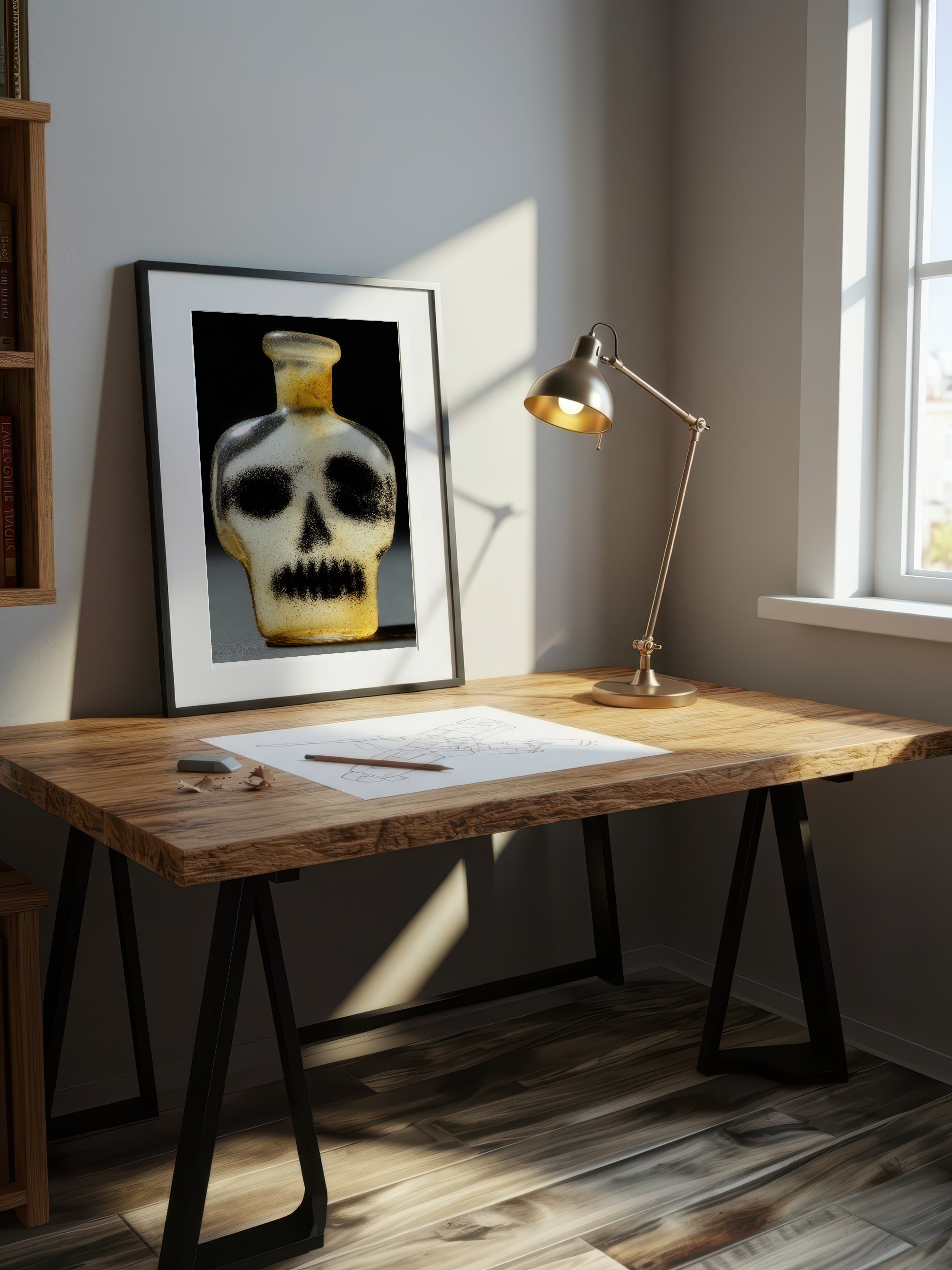 Skull in Glass – Surreal Curiosity Skull Bottle Wall Art 452