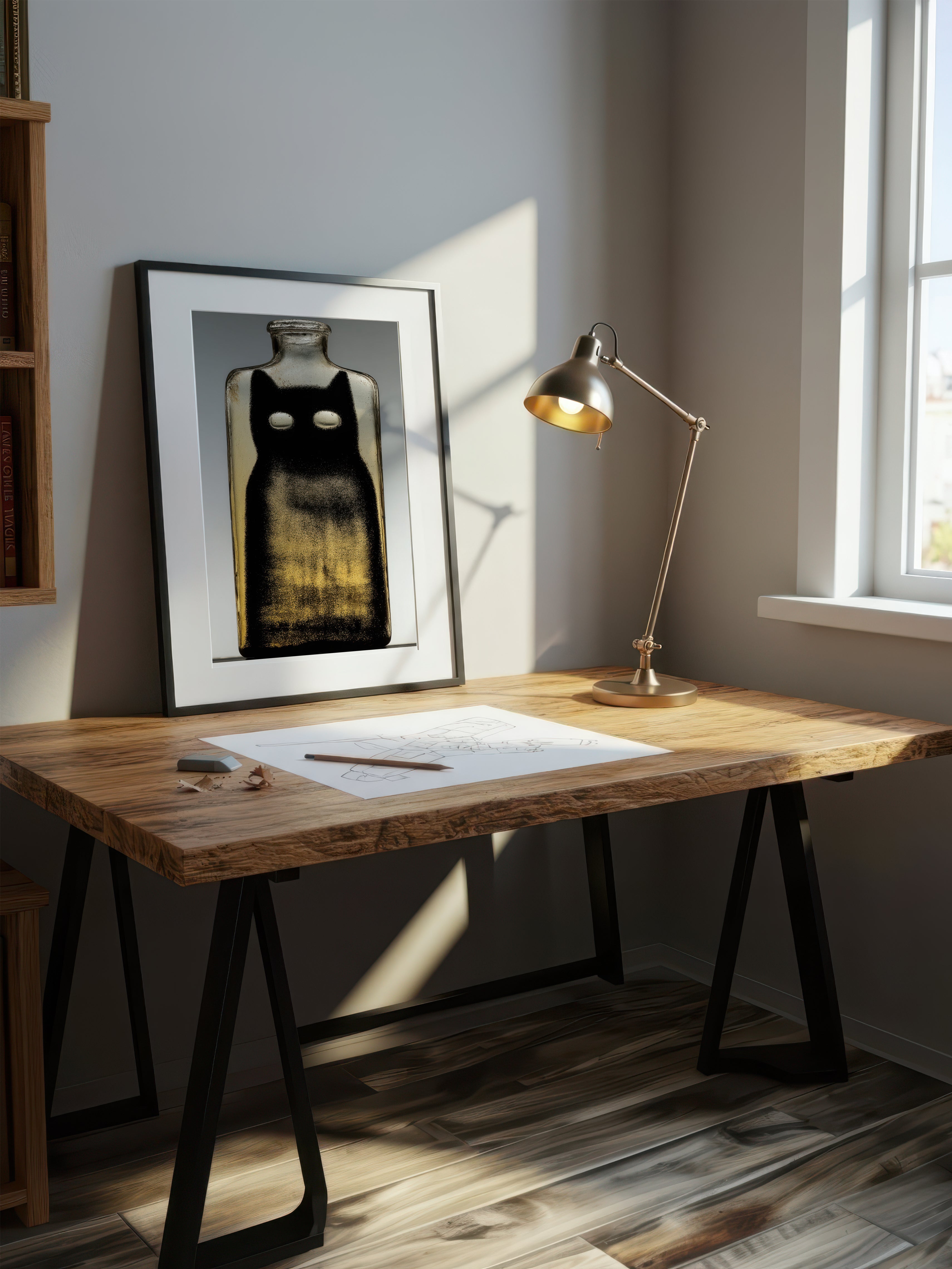 Black Cat Bottle – Surreal Minimalist Cat Wall Art 451