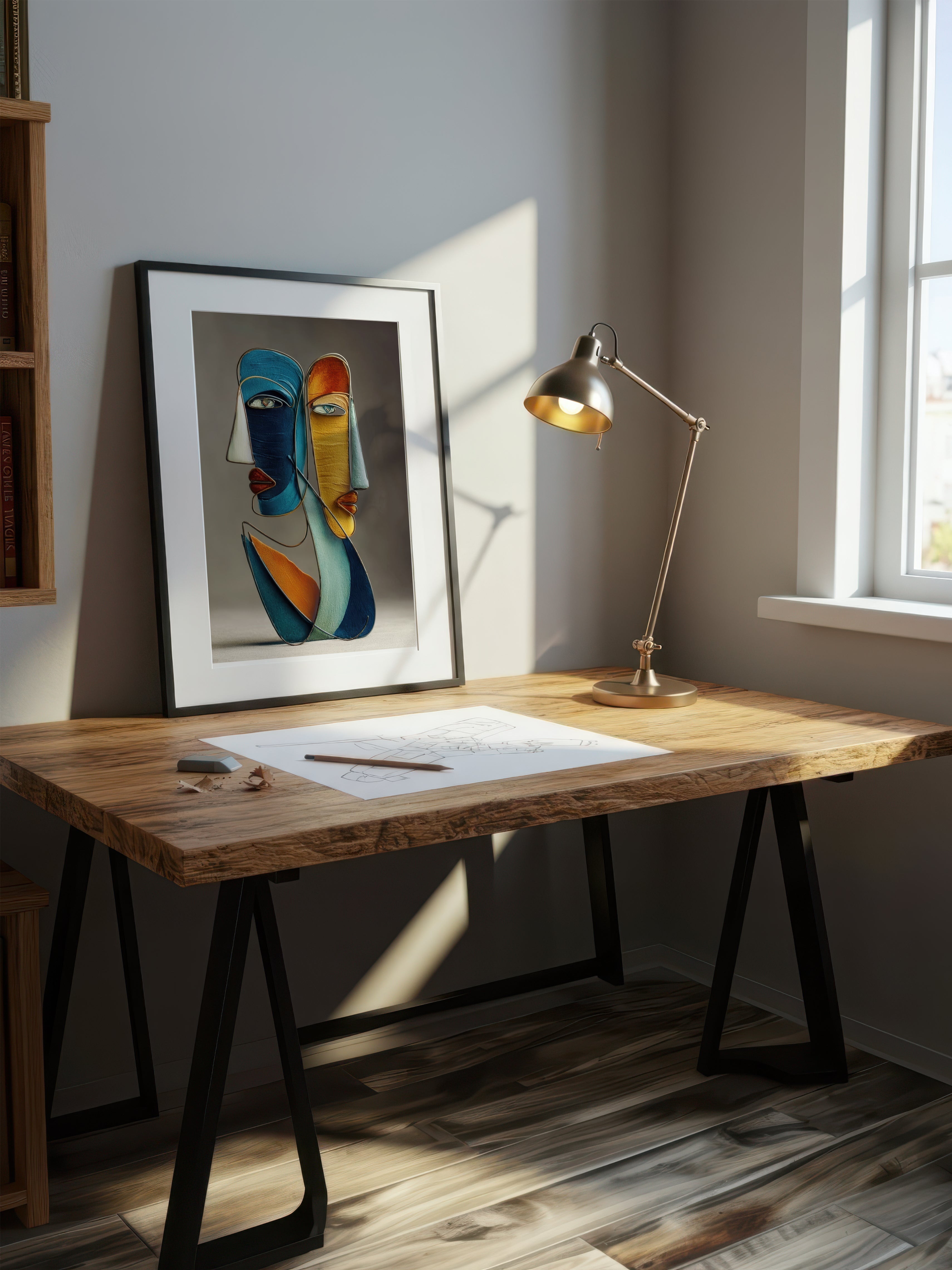 Blue and Gold Faces – Surreal Wire Sculpture Portrait Wall Art 412