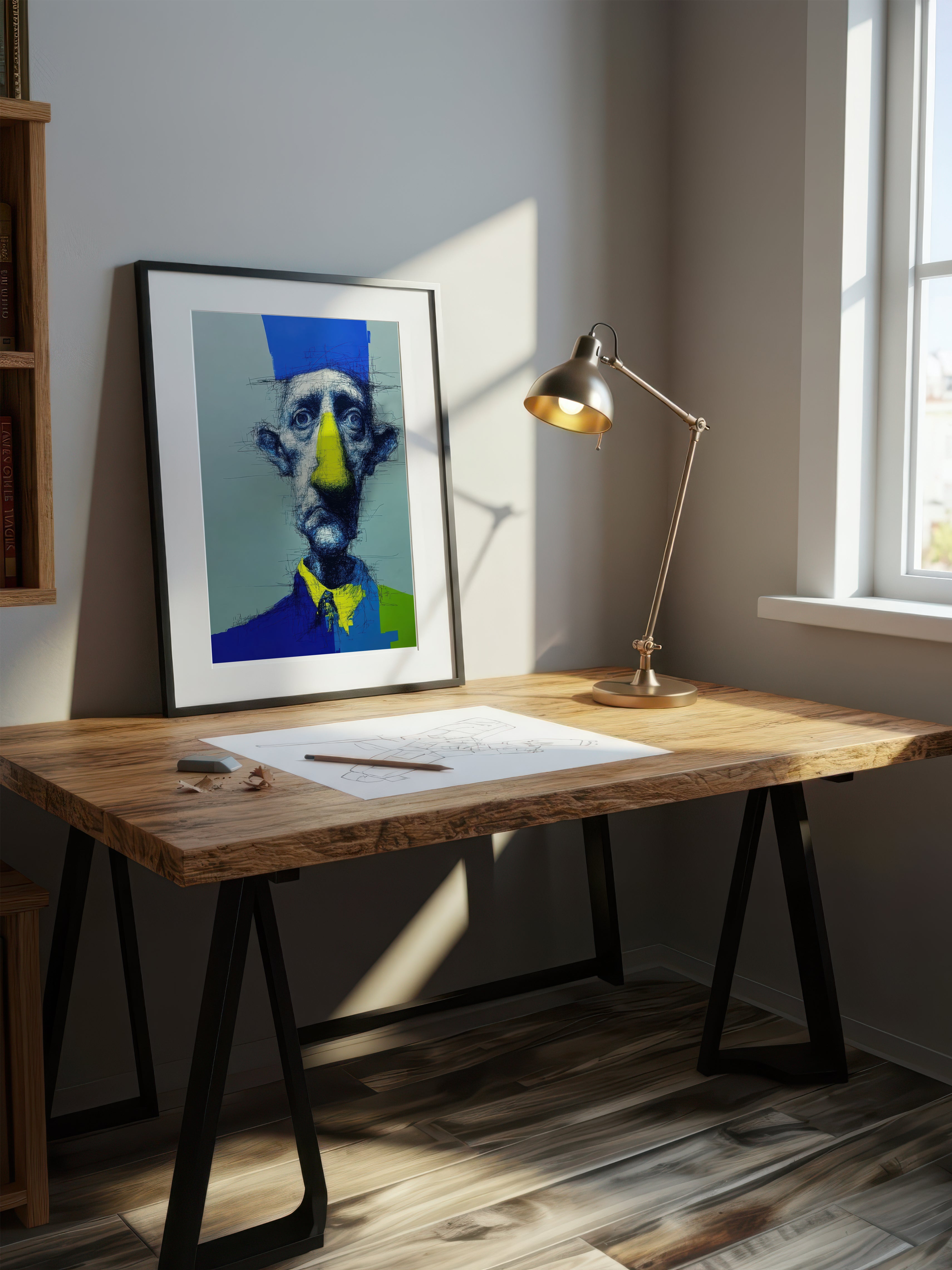 Blue Hat Man – Surreal Expressive Cross-Hatch Wall Art 425