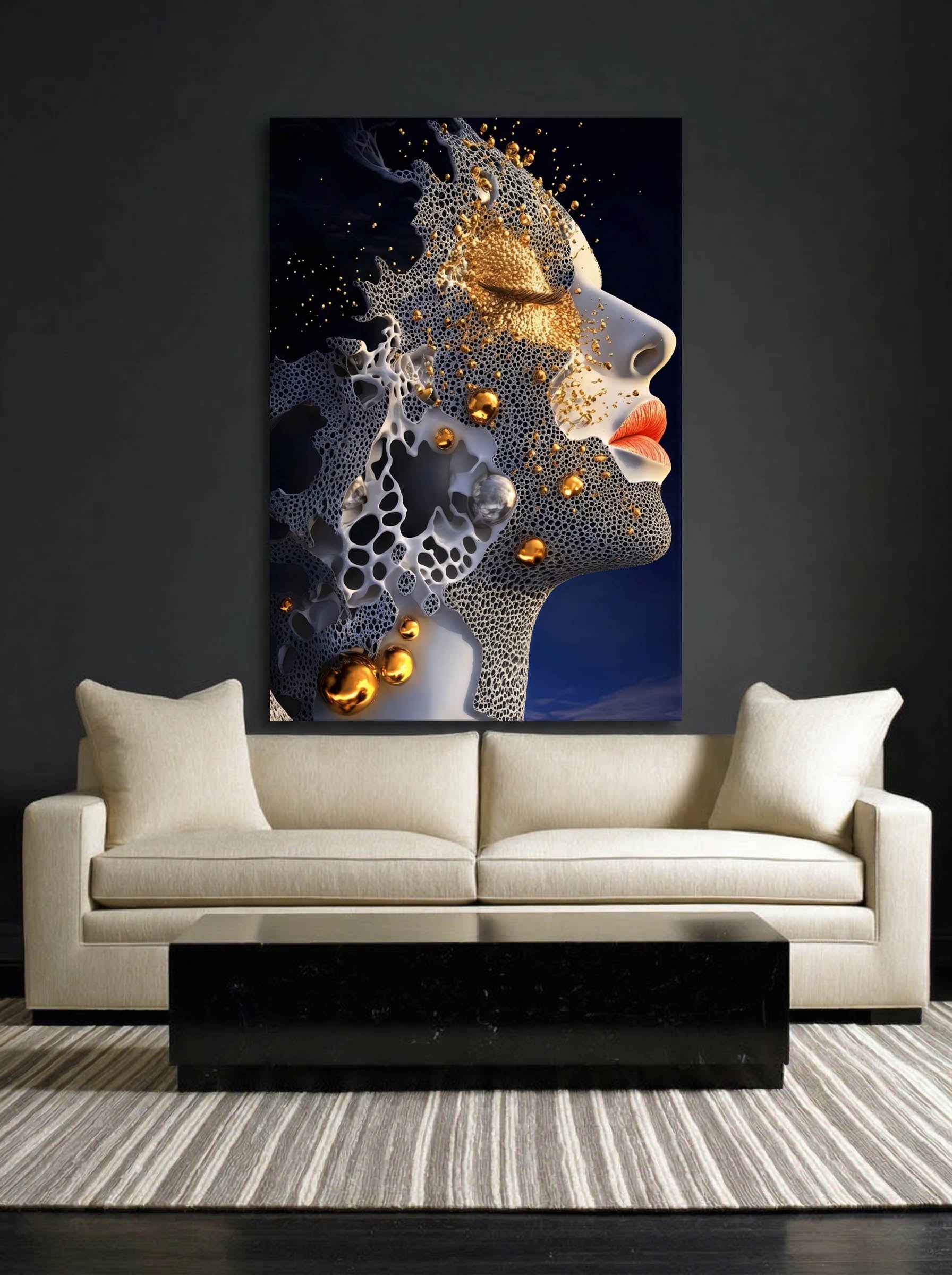 Gilded Porosity – Surreal Honeycomb Gold Abstract Portrait Wall Art 329 Secondary image
