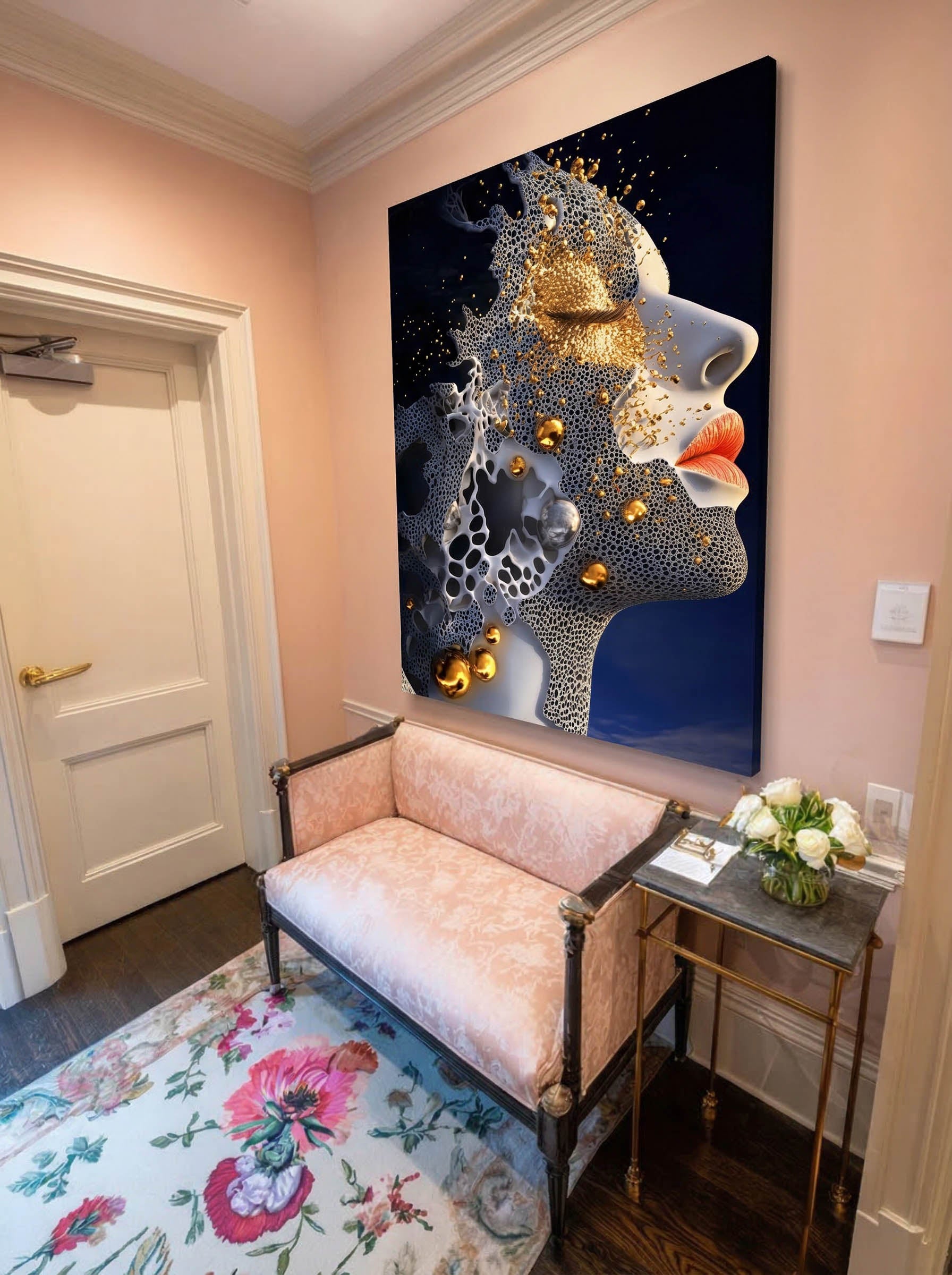 Gilded Porosity – Surreal Honeycomb Gold Abstract Portrait Wall Art 329