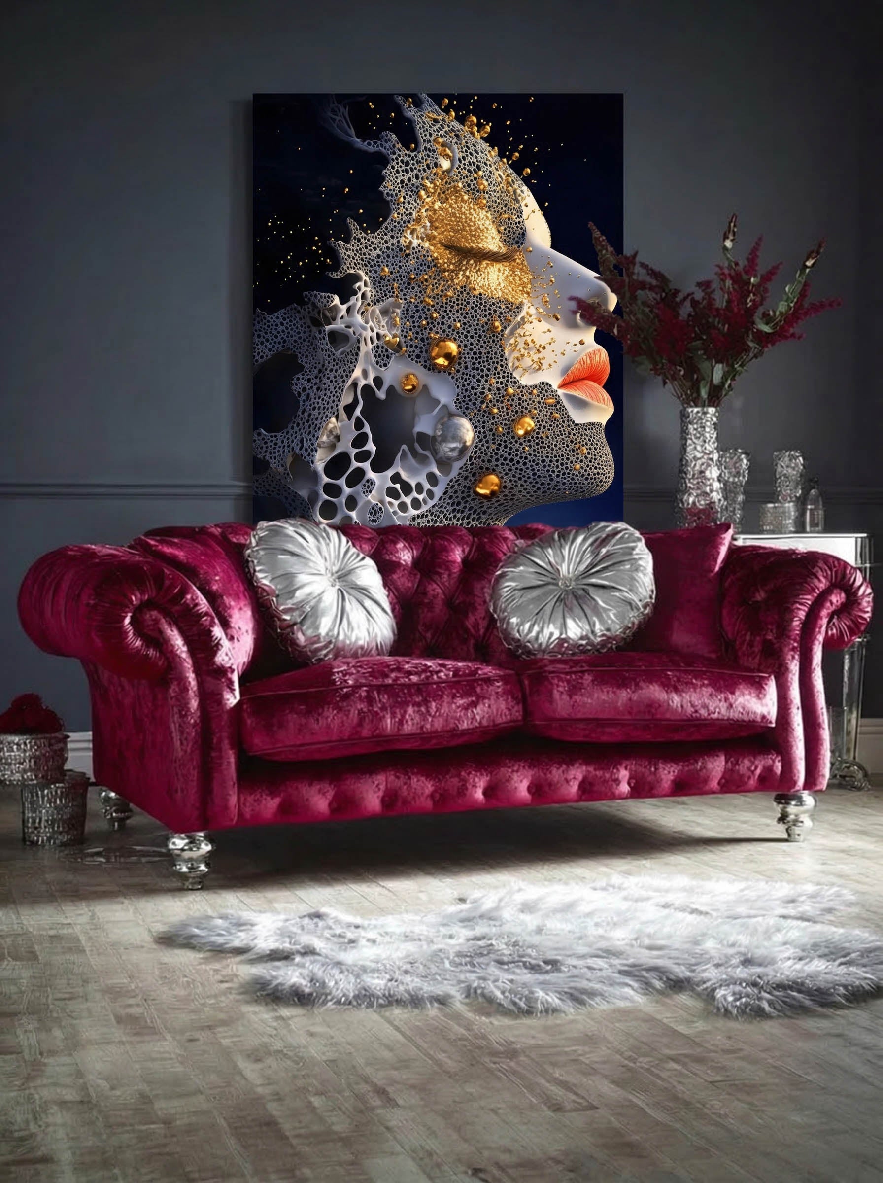 Gilded Porosity – Surreal Honeycomb Gold Abstract Portrait Wall Art 329