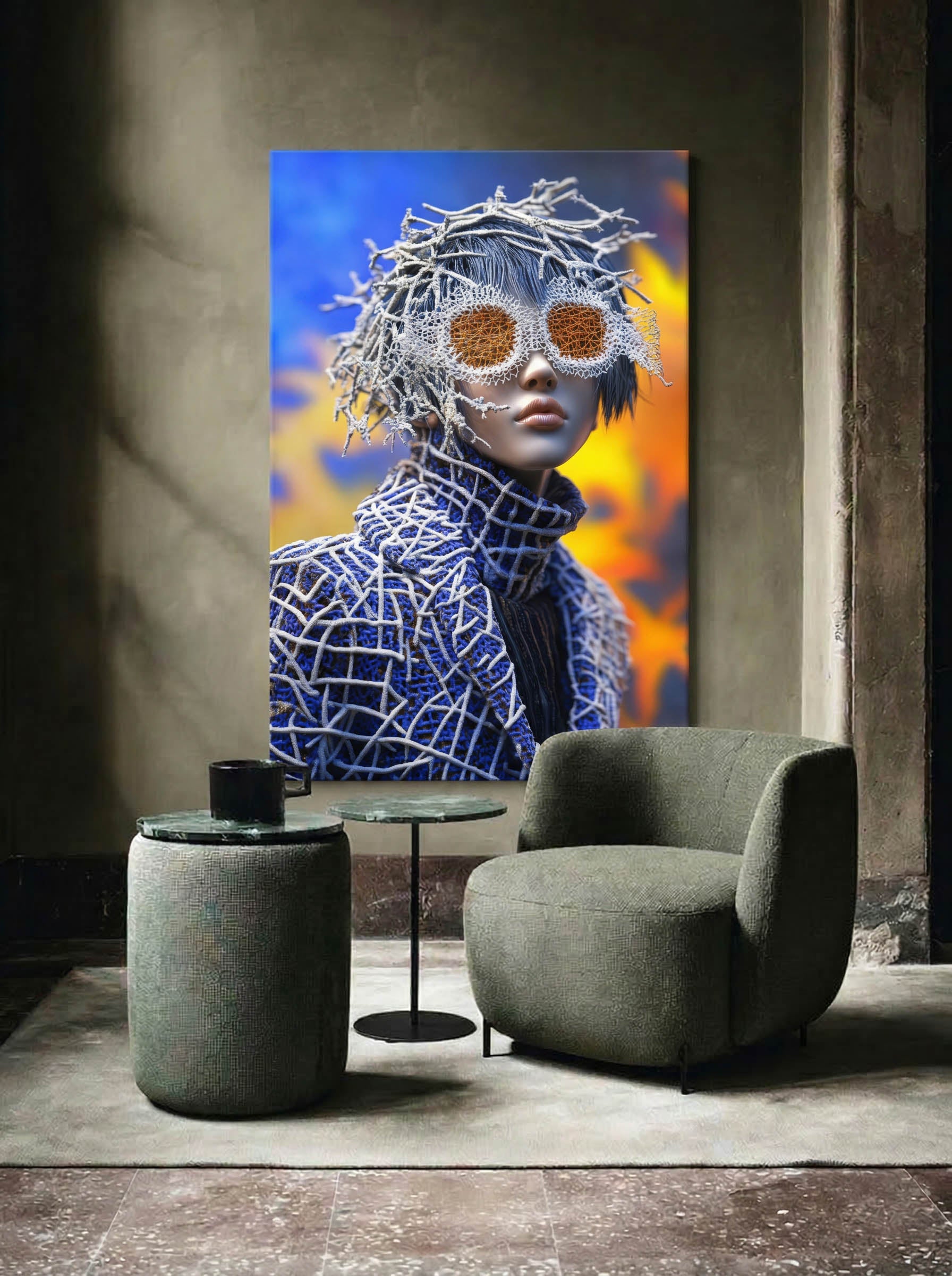 Cobalt Lattice – Surreal Avant-Garde Fashion Portrait Wall Art 331