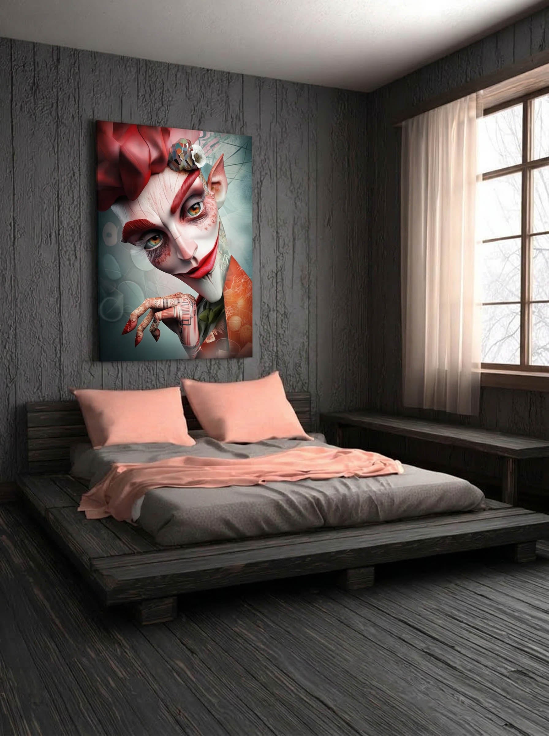 Crimson Contemplation – Surreal Theatrical Clown Portrait Wall Art 348